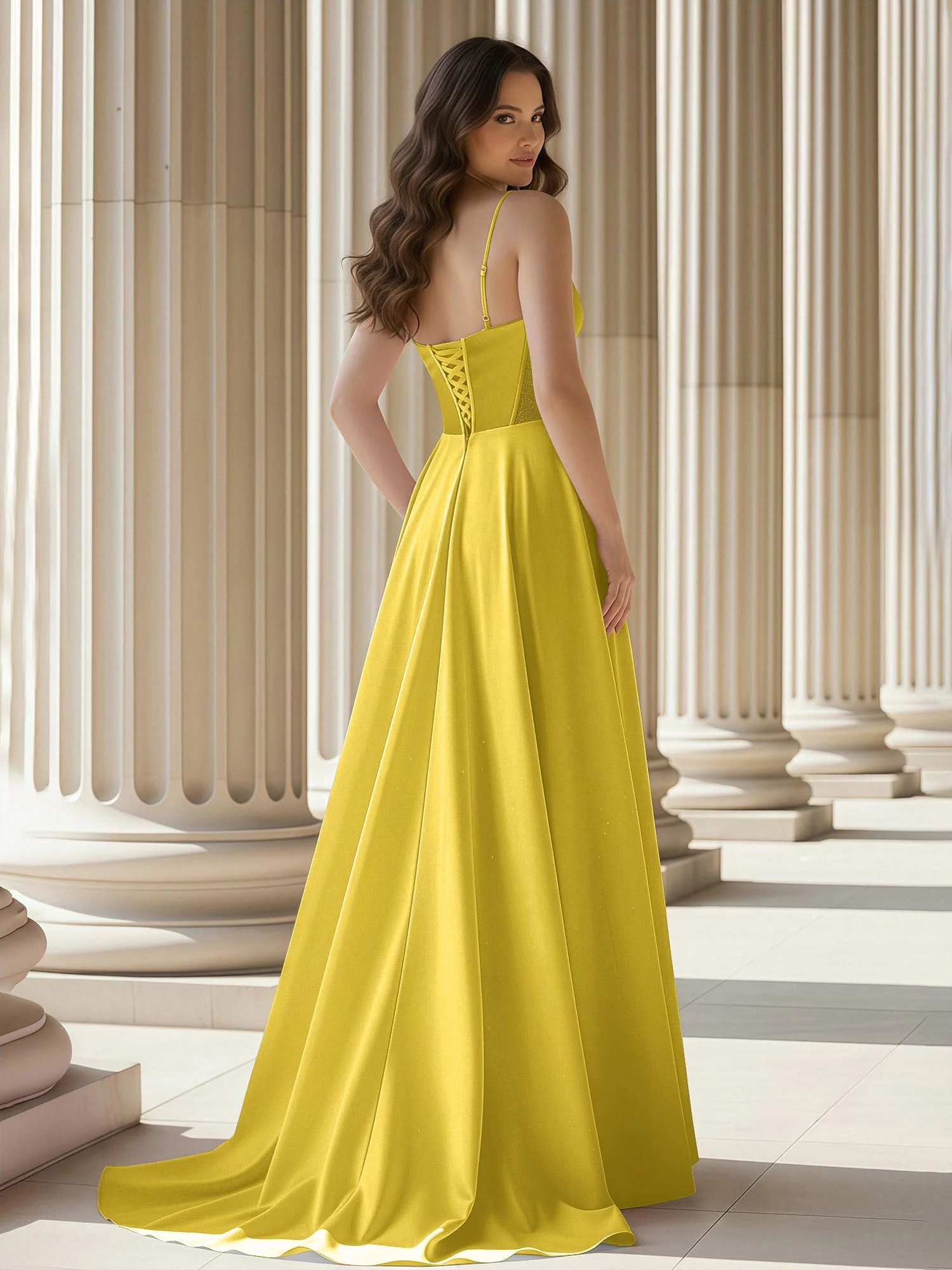 Plissee Herzform Ausschnitt A-Linie Satin Schleppe Kleid Ringelblume - Image 2