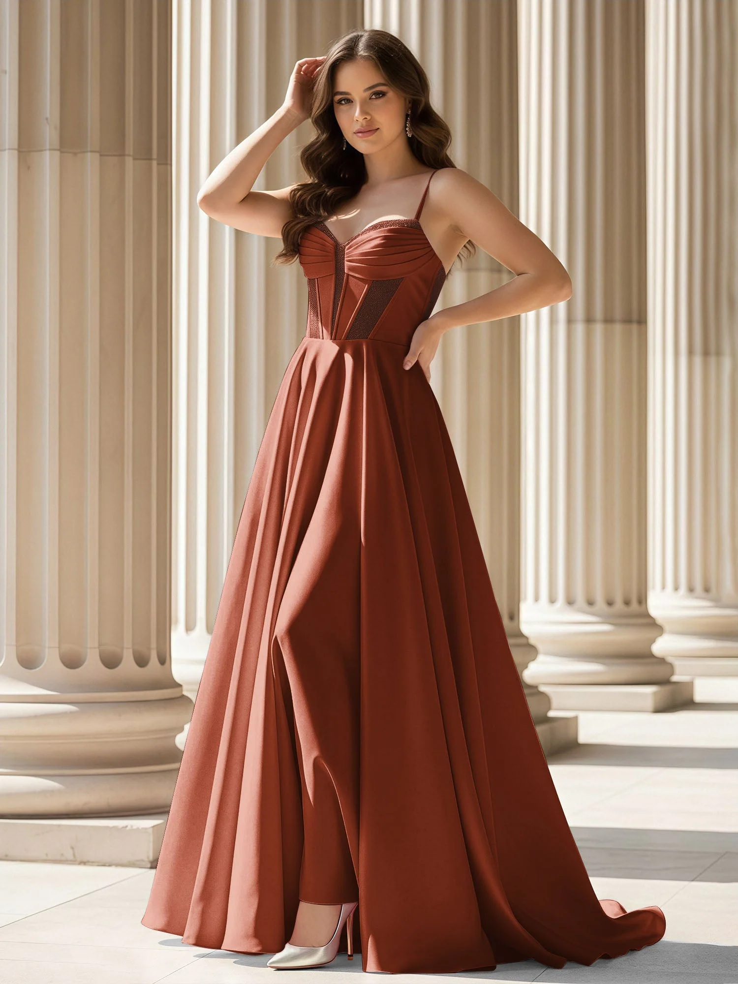 Plissee Herzform Ausschnitt A-Linie Satin Schleppe Kleid Rost