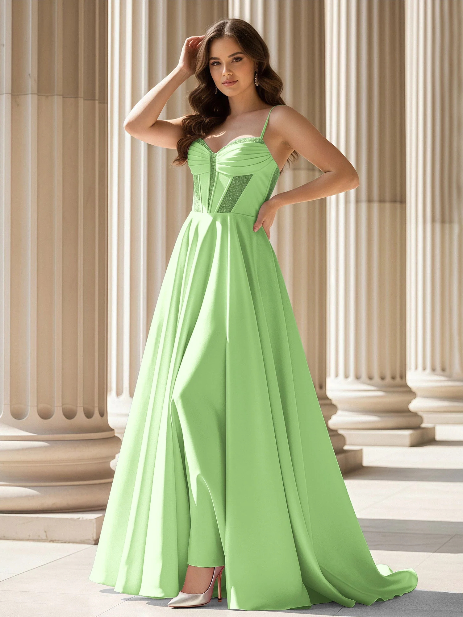 Plissee Herzform Ausschnitt A-Linie Satin Schleppe Kleid Salbei