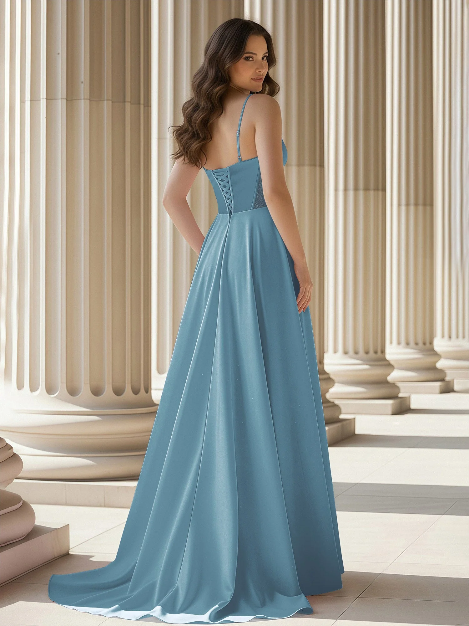 Plissee Herzform Ausschnitt A-Linie Satin Schleppe Kleid Schiefer Blau - Image 2