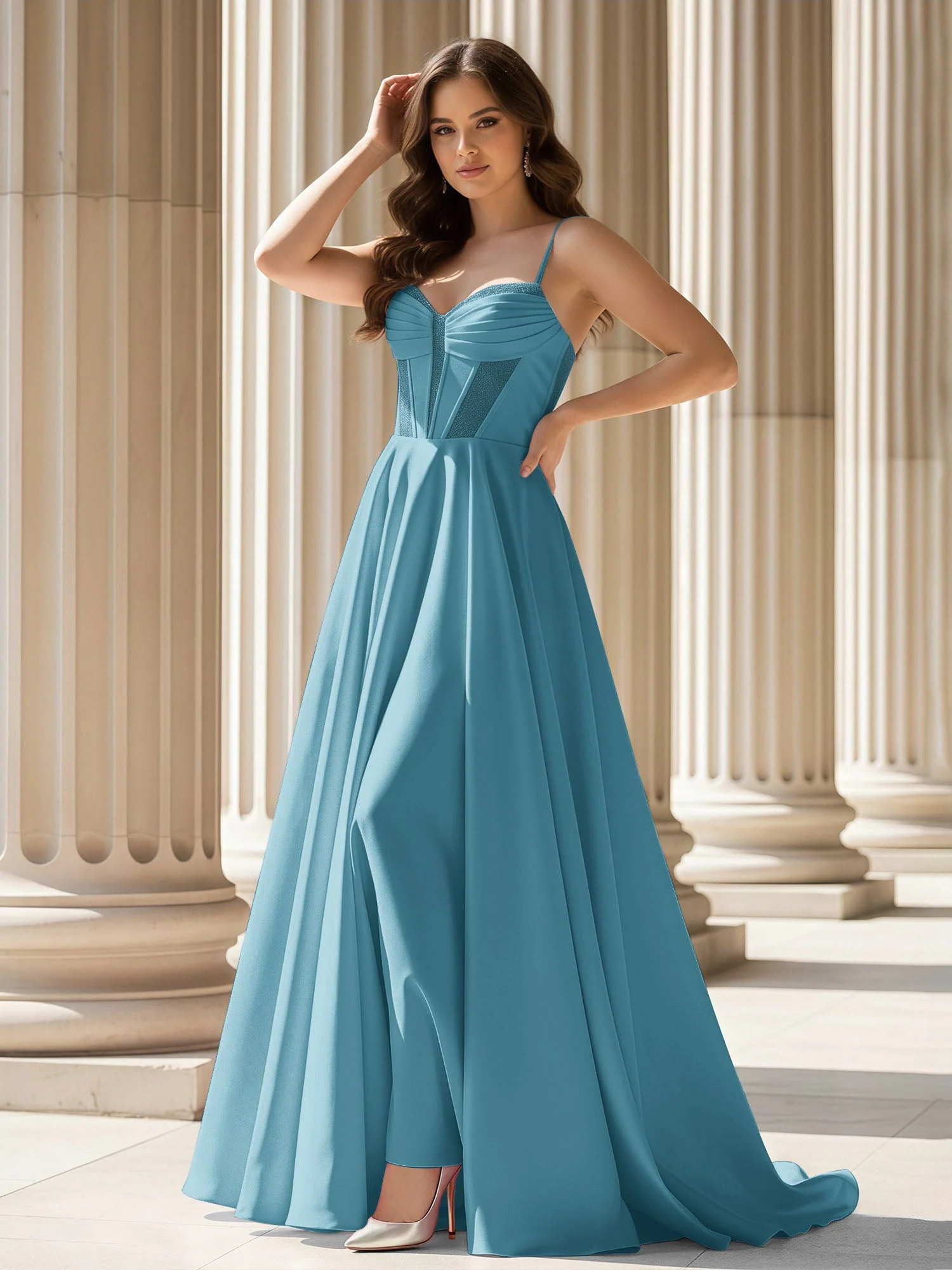 Plissee Herzform Ausschnitt A-Linie Satin Schleppe Kleid Schwimmbadblau
