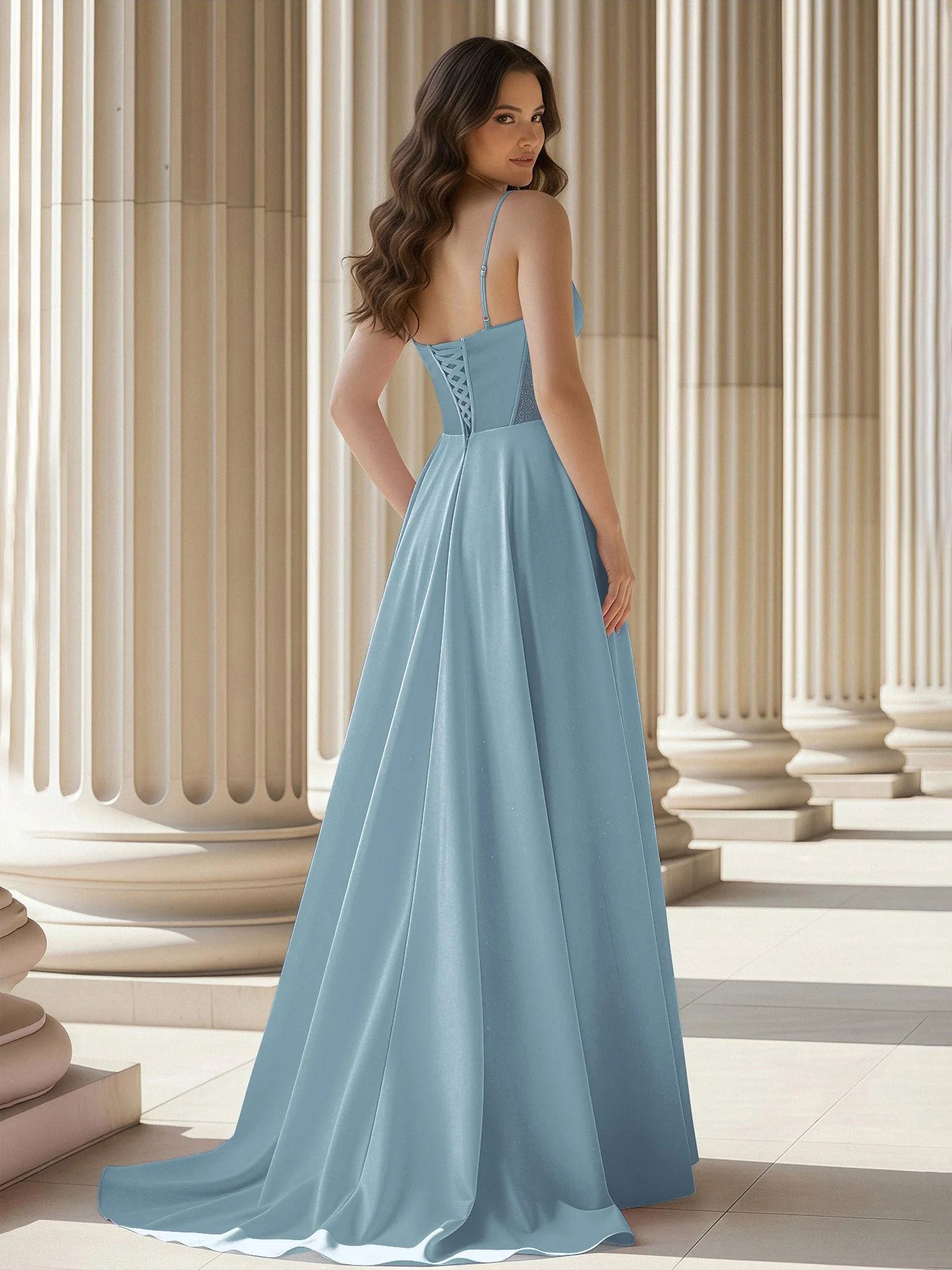 Plissee Herzform Ausschnitt A-Linie Satin Schleppe Kleid Staubiges Blau - Image 2