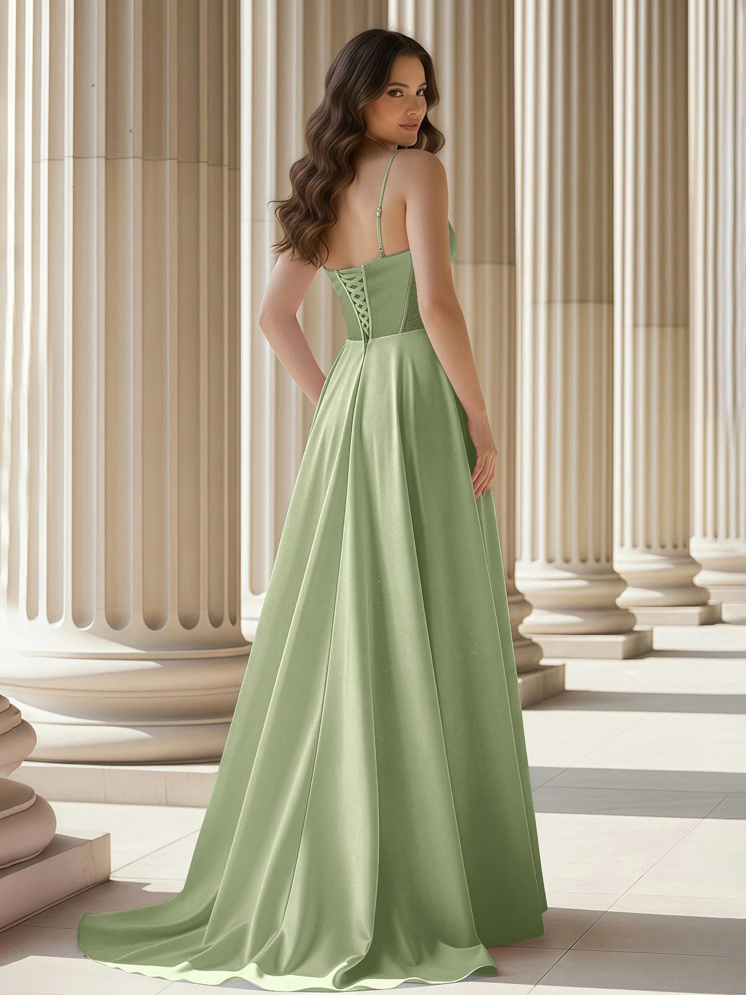 Plissee Herzform Ausschnitt A-Linie Satin Schleppe Kleid Staubiges Salbei - Image 2