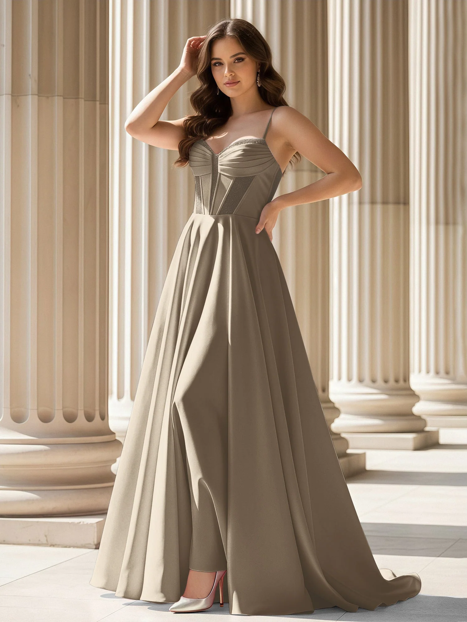 Plissee Herzform Ausschnitt A-Linie Satin Schleppe Kleid Taupe