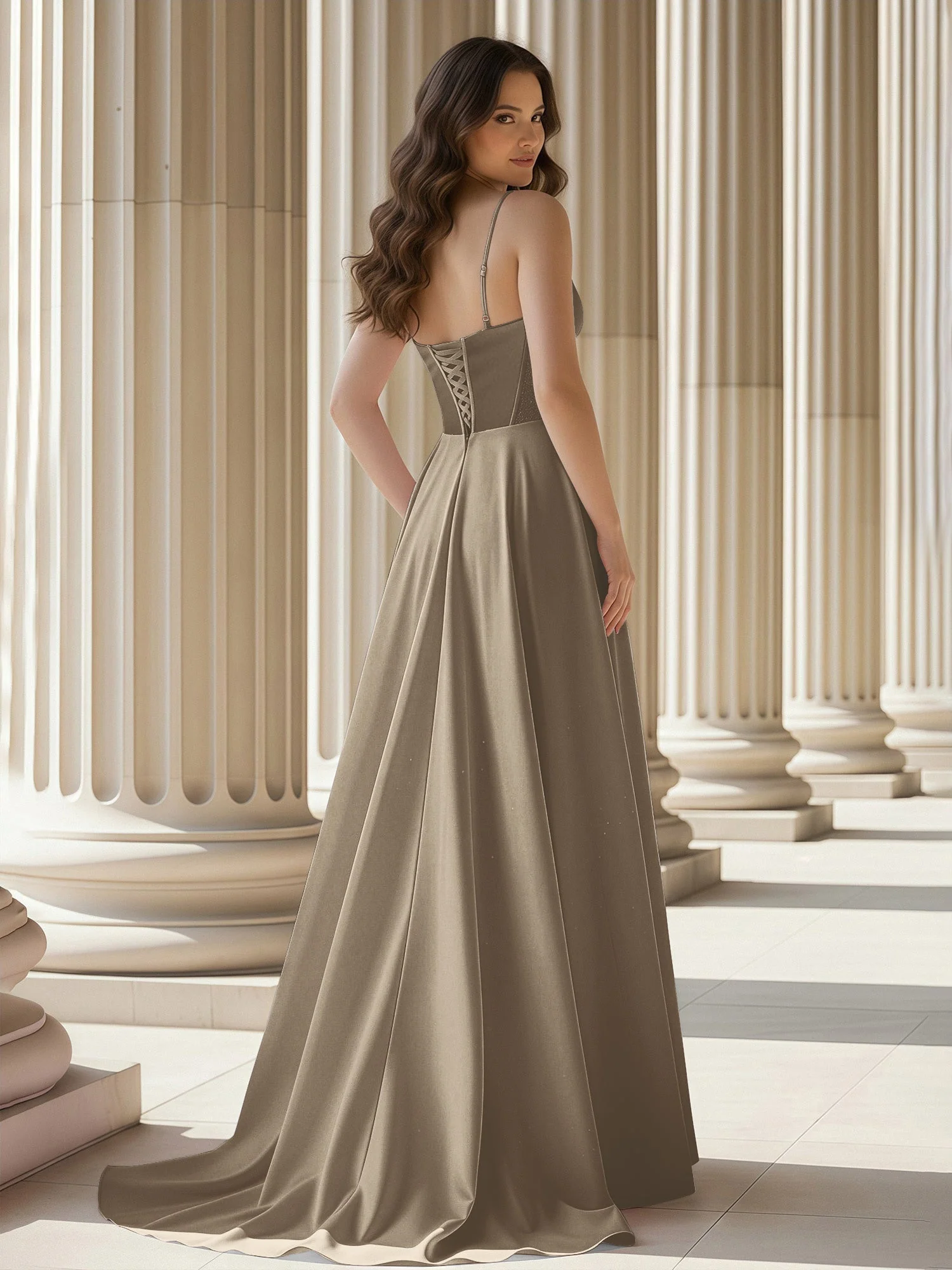 Plissee Herzform Ausschnitt A-Linie Satin Schleppe Kleid Taupe - Image 2