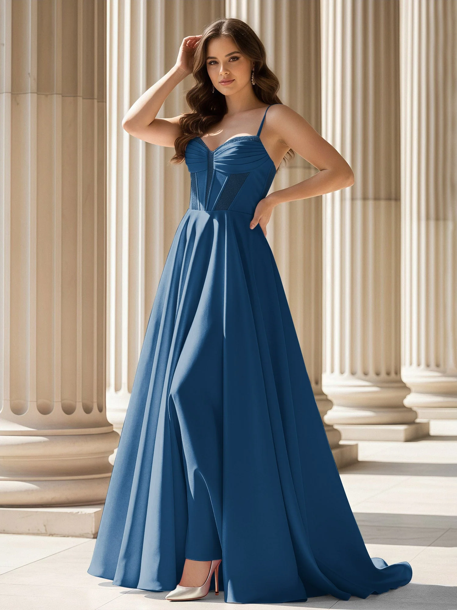 Plissee Herzform Ausschnitt A-Linie Satin Schleppe Kleid Tinte Blau