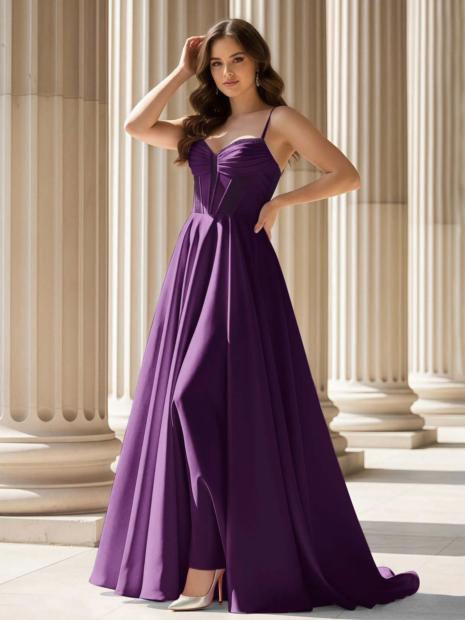 Plissee Herzform Ausschnitt A-Linie Satin Schleppe Kleid Traube