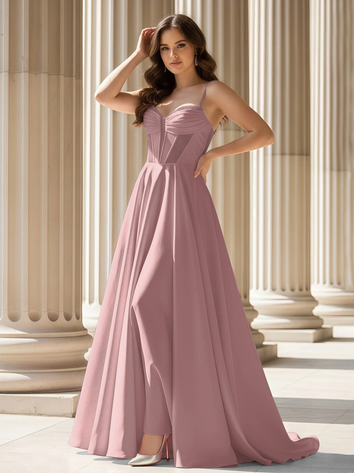 Plissee Herzform Ausschnitt A-Linie Satin Schleppe Kleid Vintage Mauve