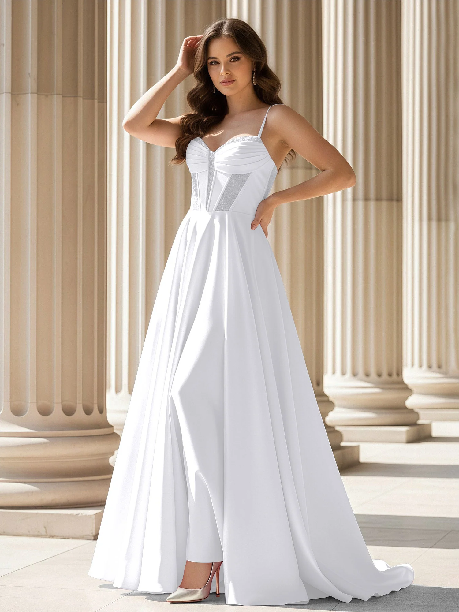 Plissee Herzform Ausschnitt A-Linie Satin Schleppe Kleid Weiß