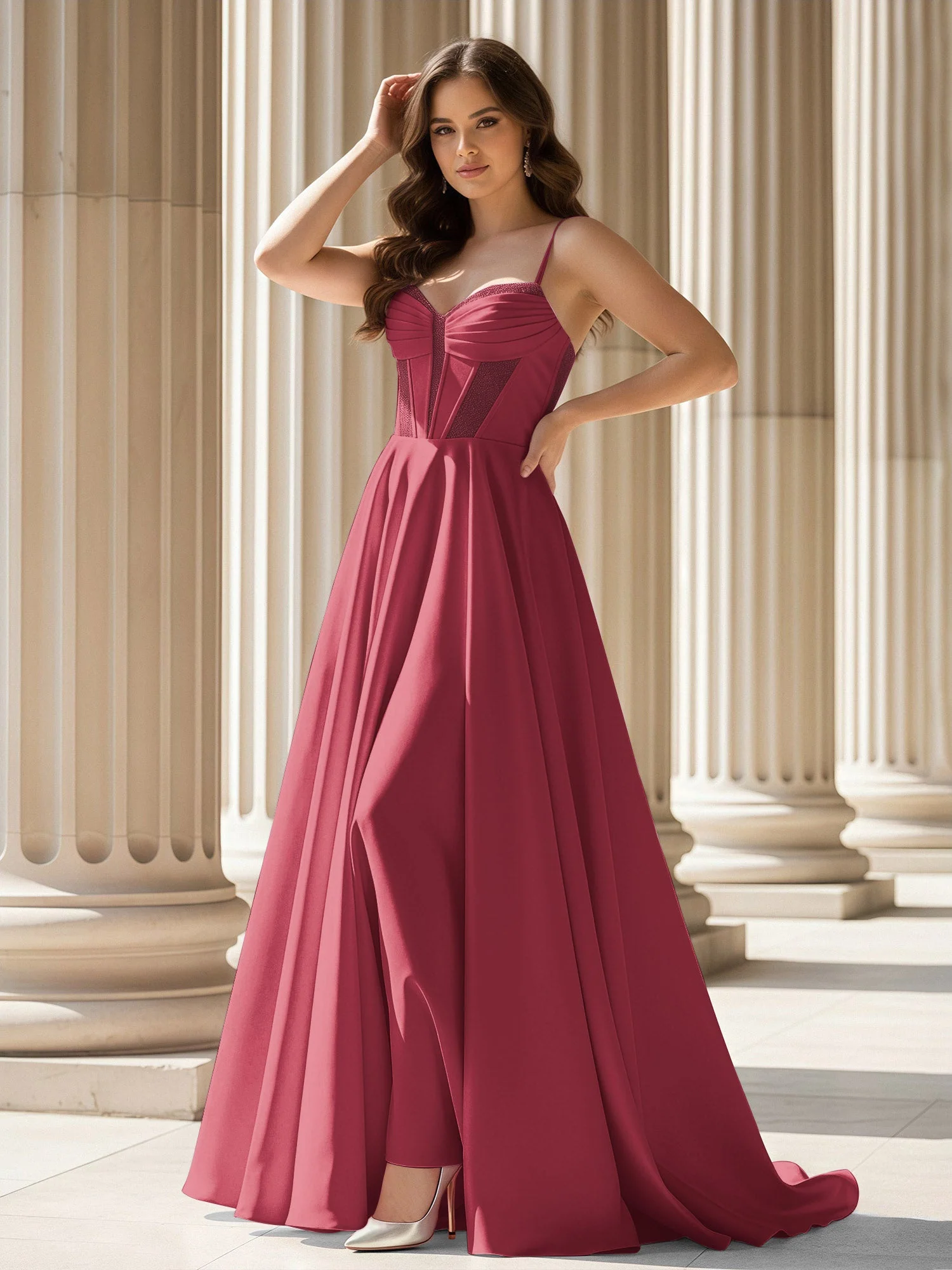 Plissee Herzform Ausschnitt A-Linie Satin Schleppe Kleid Zimtrose