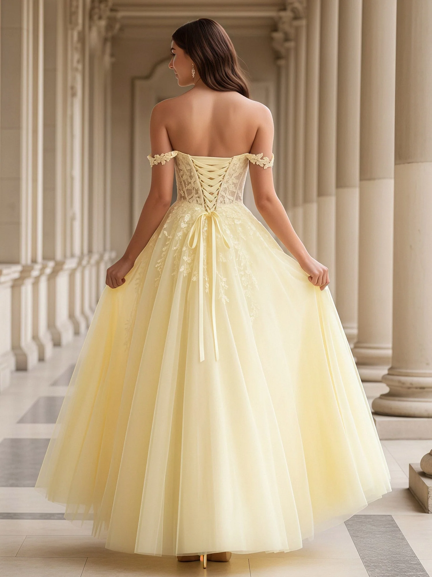 Schulterfrei Applique A-Linie Tüll Lang Kleid Narzisse - Image 2