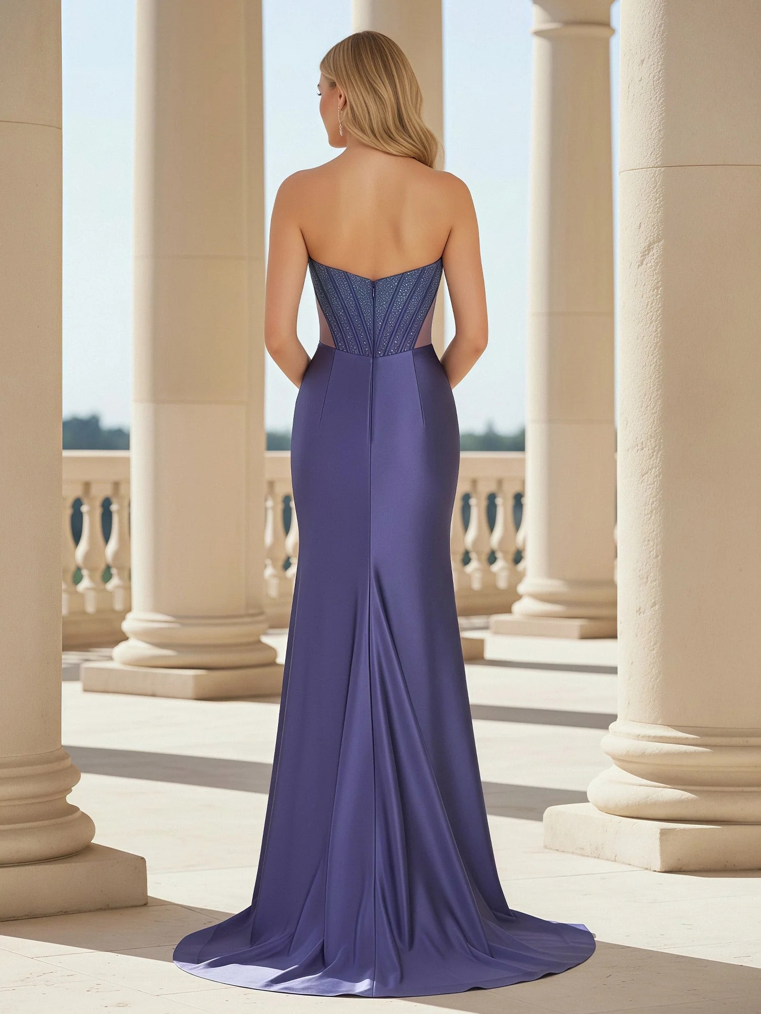 Herzform Meerjungfrau Lang Kleid mit Schlitz Stahlgrau - Image 2