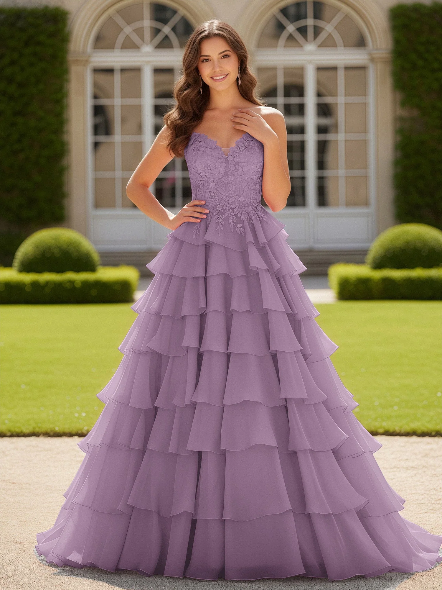 Herzform Applique Korsett Stufen Chiffon Ballkleid Blauregen