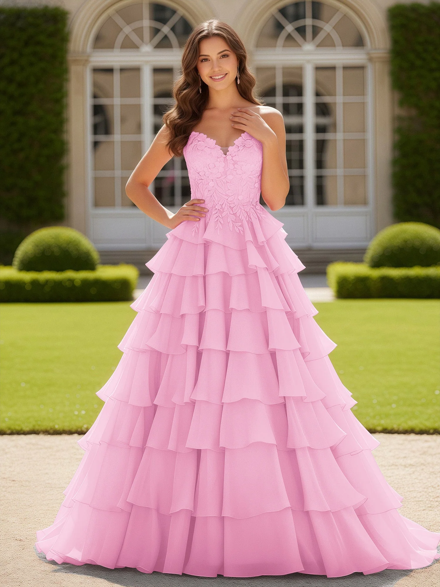 Herzform Applique Korsett Stufen Chiffon Ballkleid Bonbonrosa