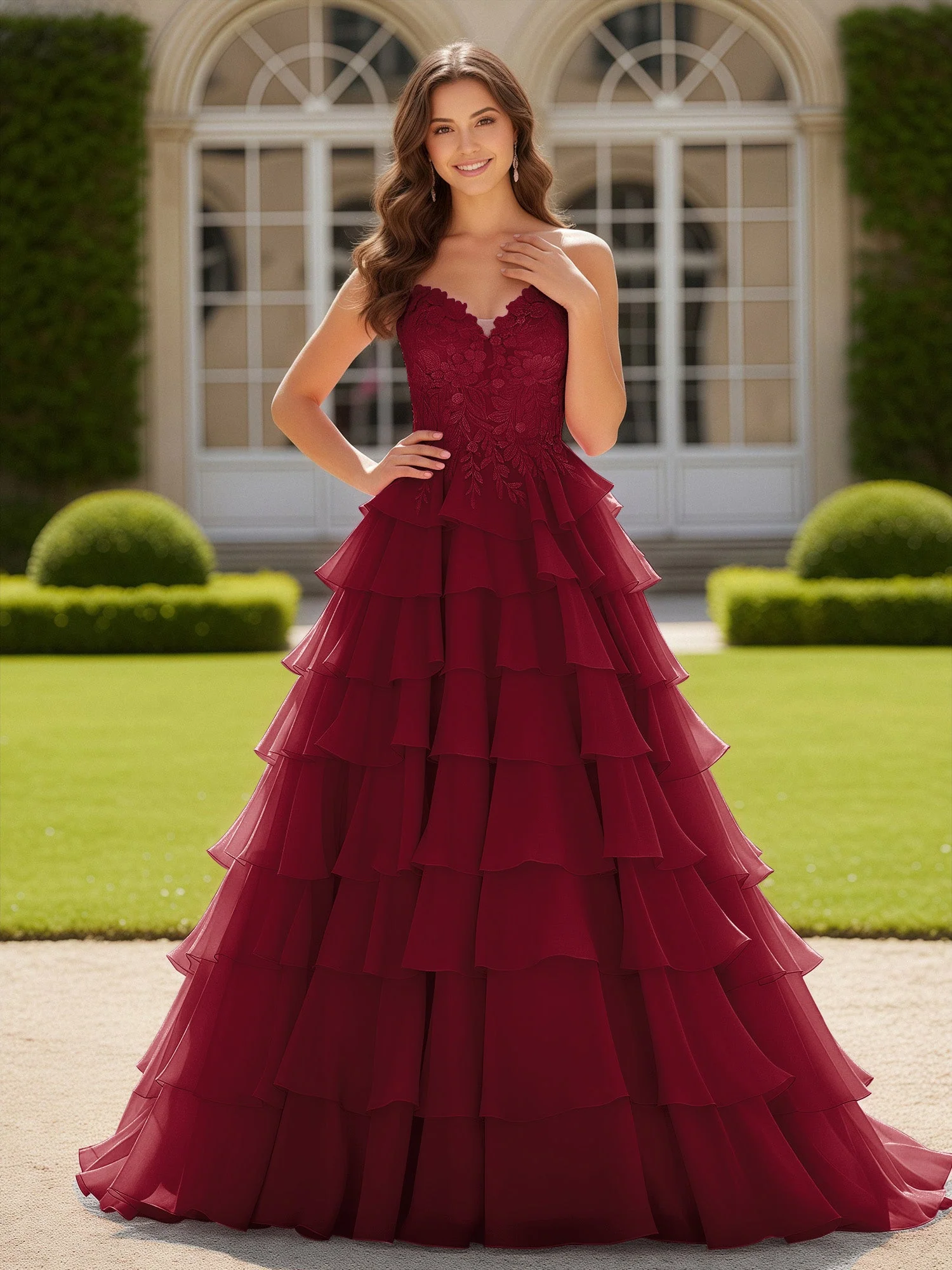 Herzform Applique Korsett Stufen Chiffon Ballkleid Burgunderrot