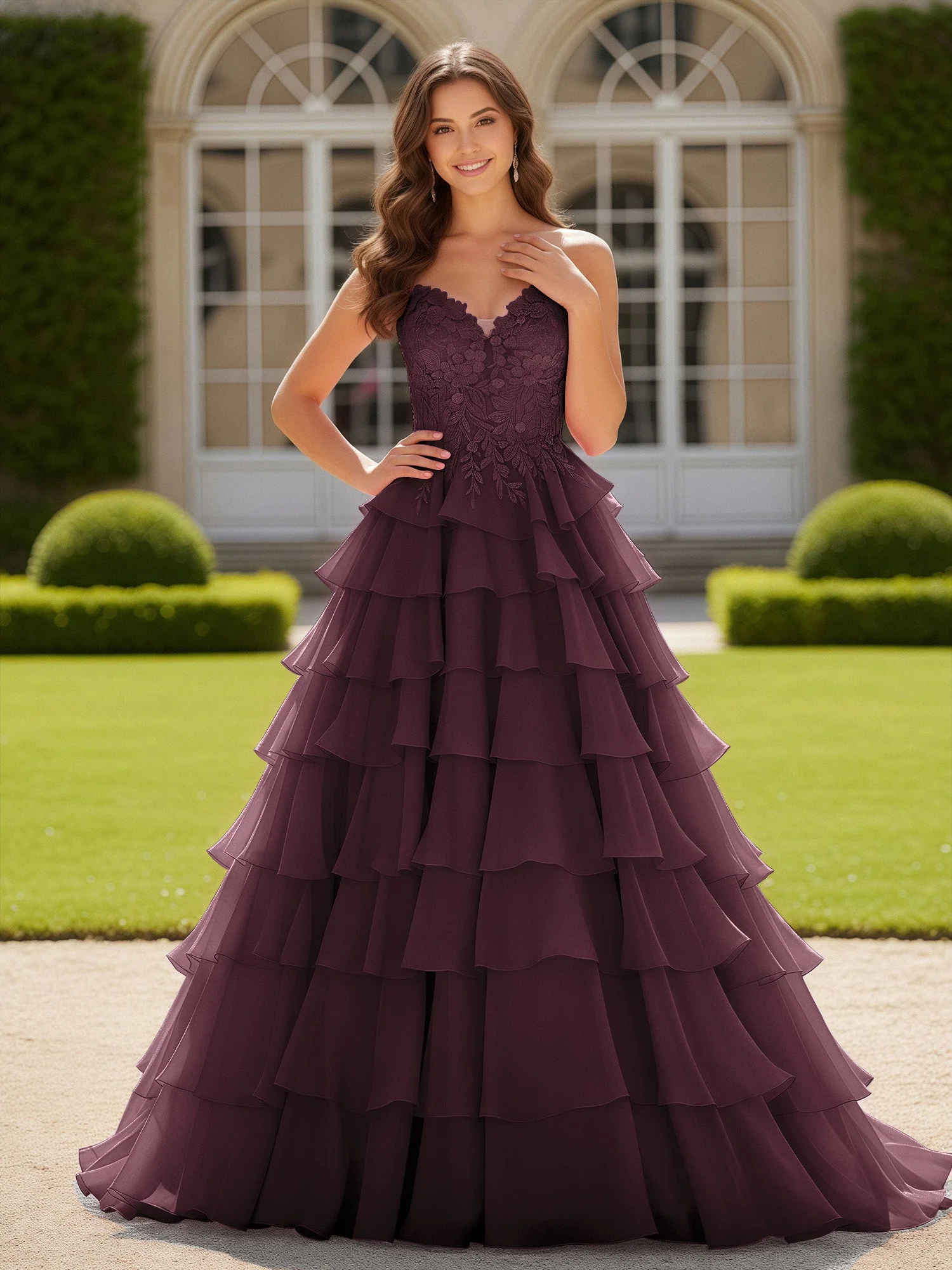 Herzform Applique Korsett Stufen Chiffon Ballkleid Cabernet