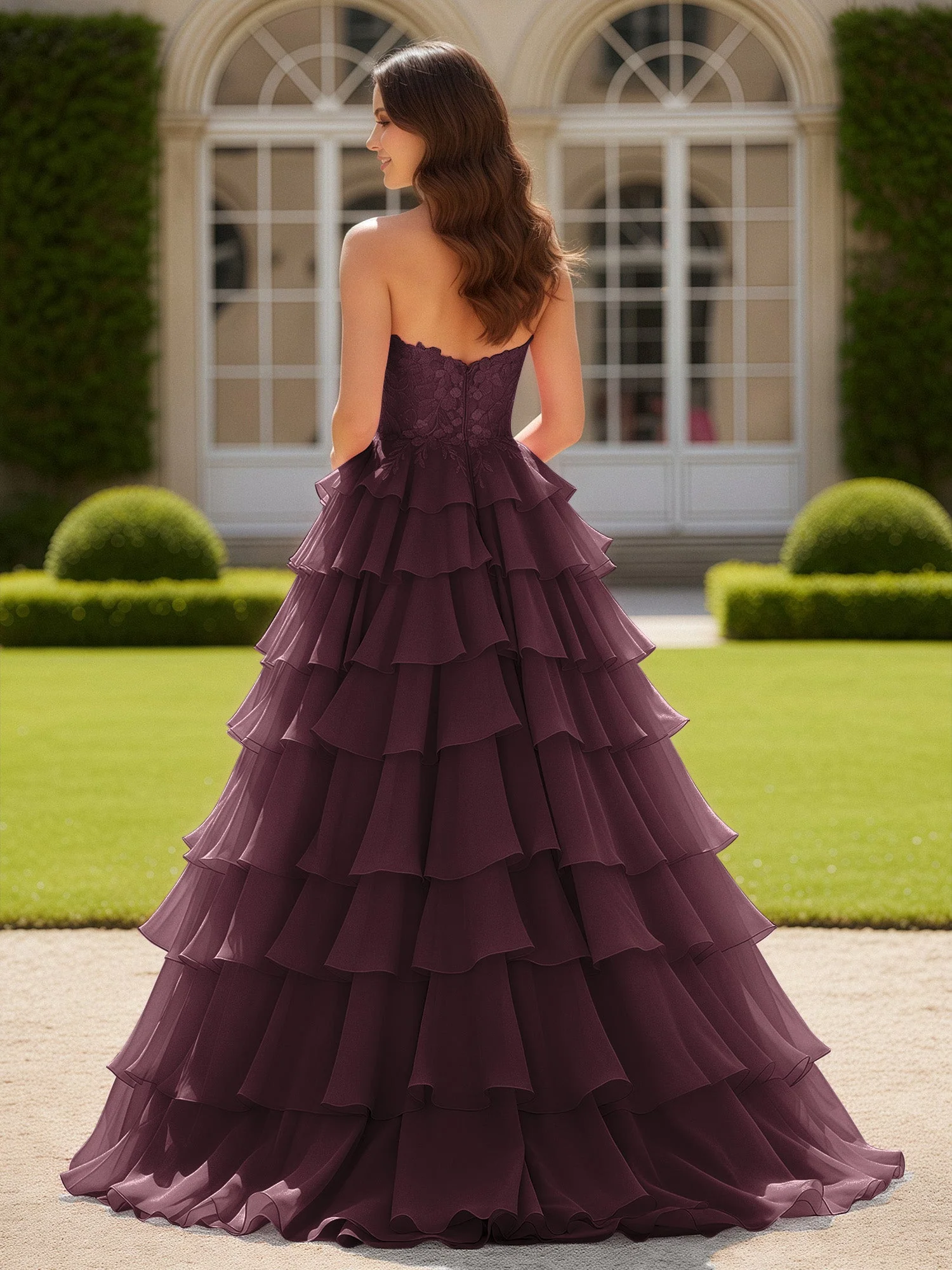 Herzform Applique Korsett Stufen Chiffon Ballkleid Cabernet - Image 2
