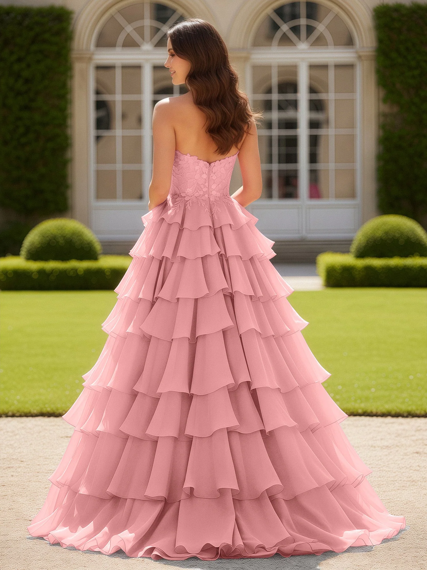Herzform Applique Korsett Stufen Chiffon Ballkleid Flamingo - Image 2