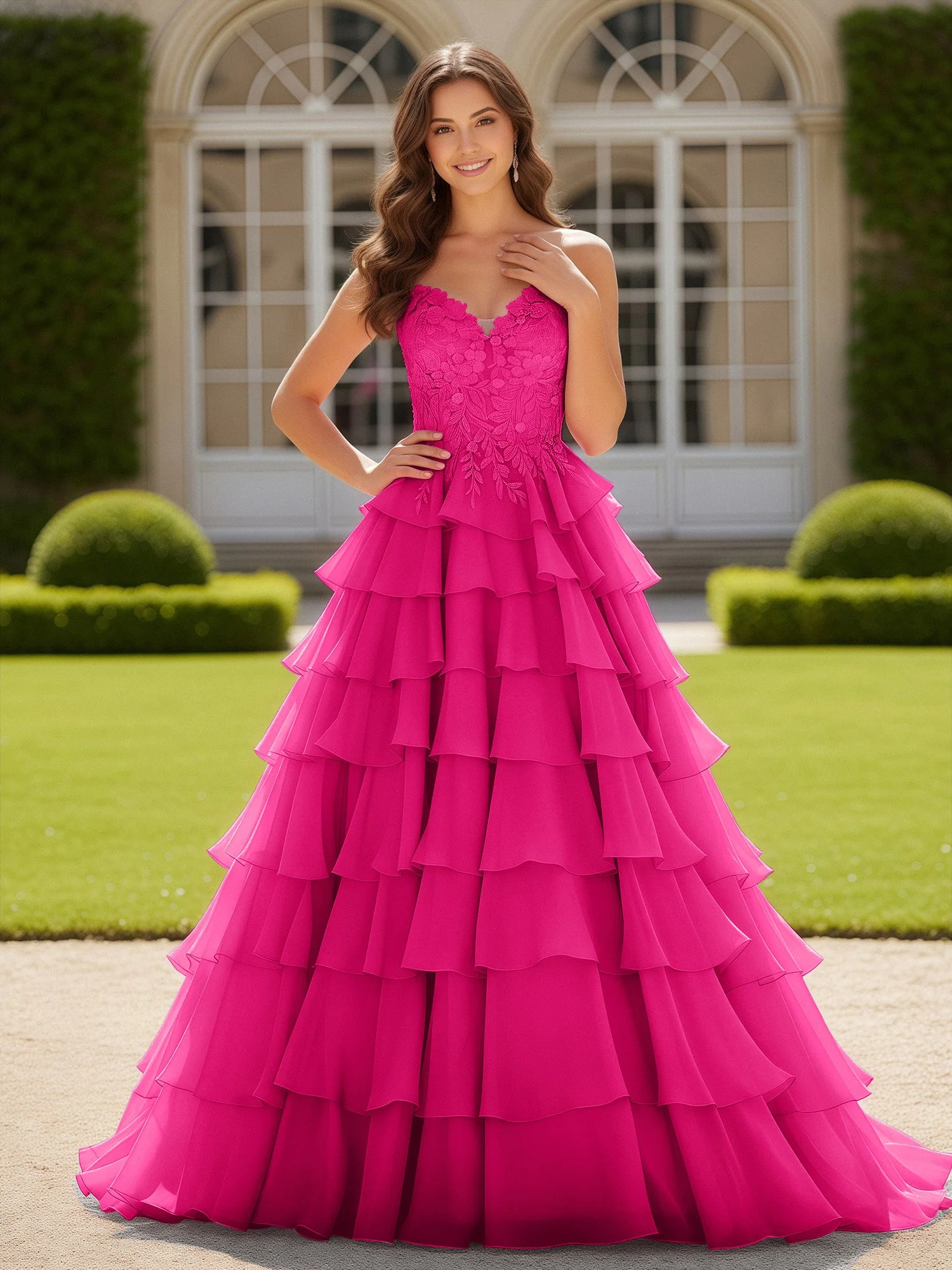 Herzform Applique Korsett Stufen Chiffon Ballkleid Fuchsia