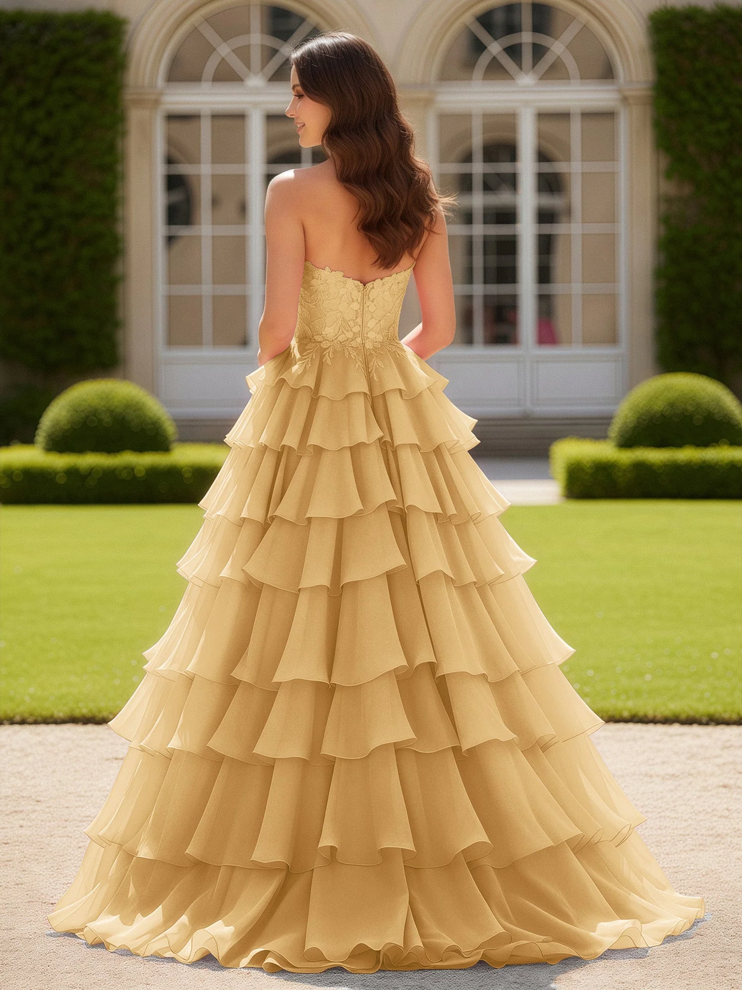 Herzform Applique Korsett Stufen Chiffon Ballkleid Gold - Image 2