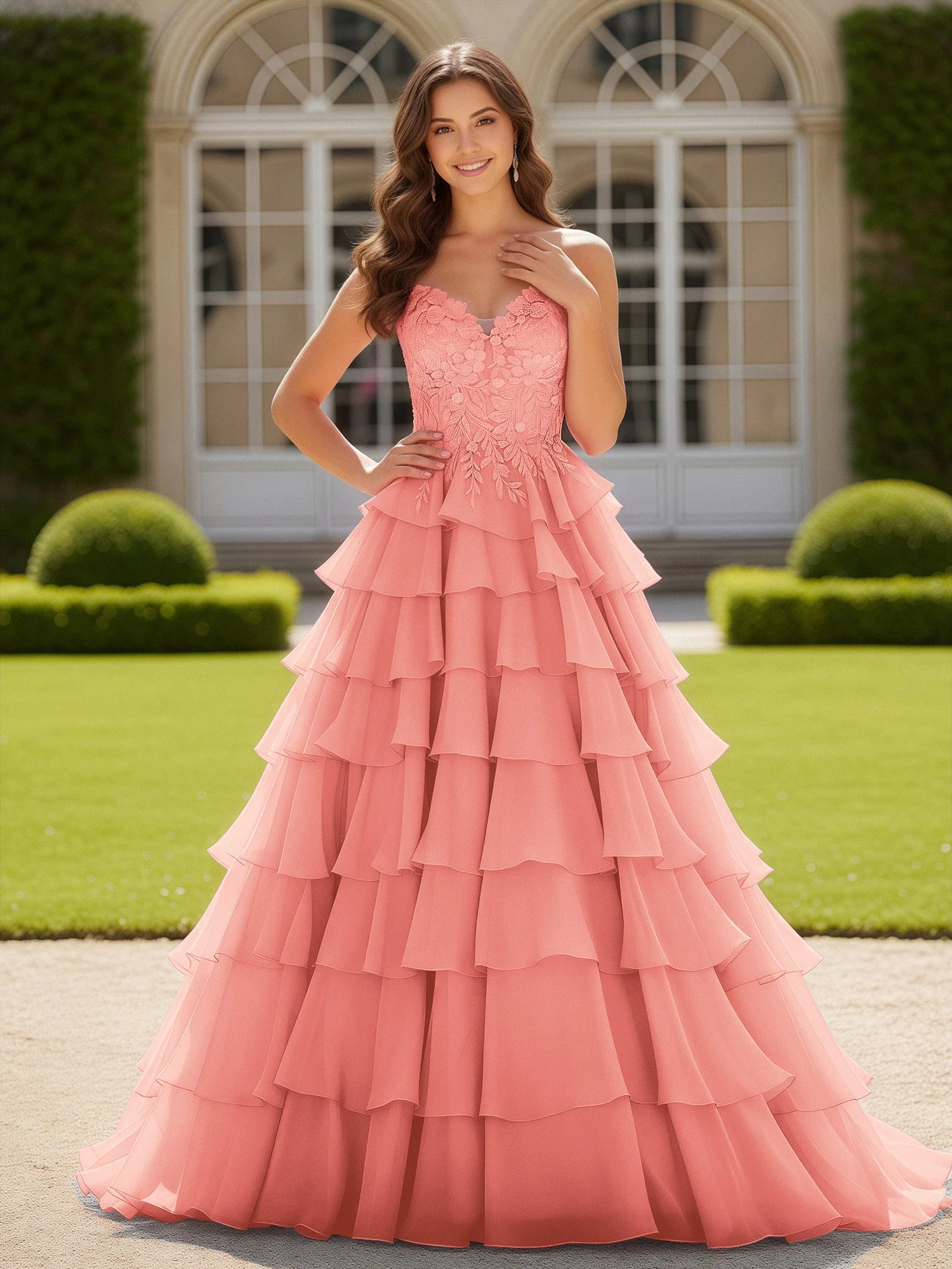 Herzform Applique Korsett Stufen Chiffon Ballkleid Koralle