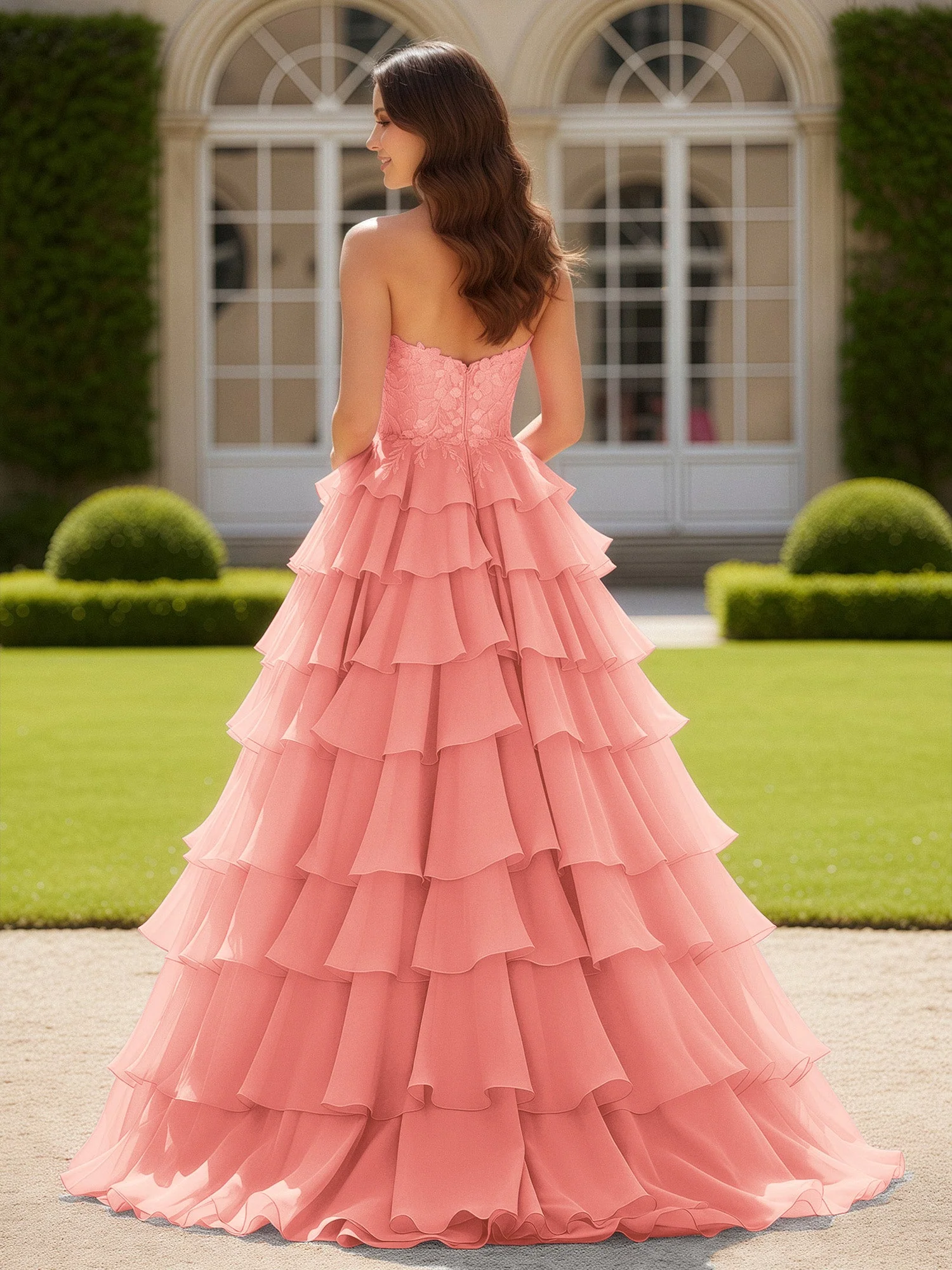 Herzform Applique Korsett Stufen Chiffon Ballkleid Koralle - Image 2