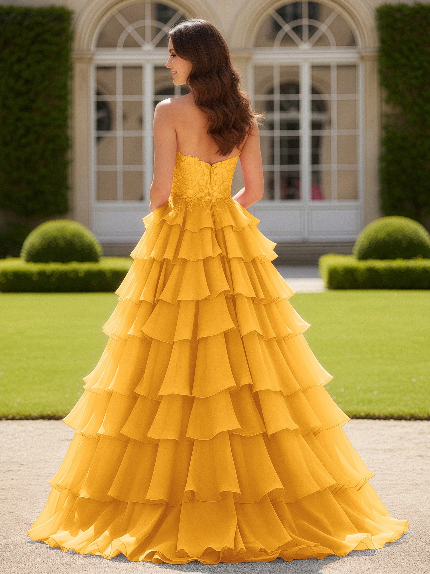 Herzform Applique Korsett Stufen Chiffon Ballkleid Mandarine - Image 2