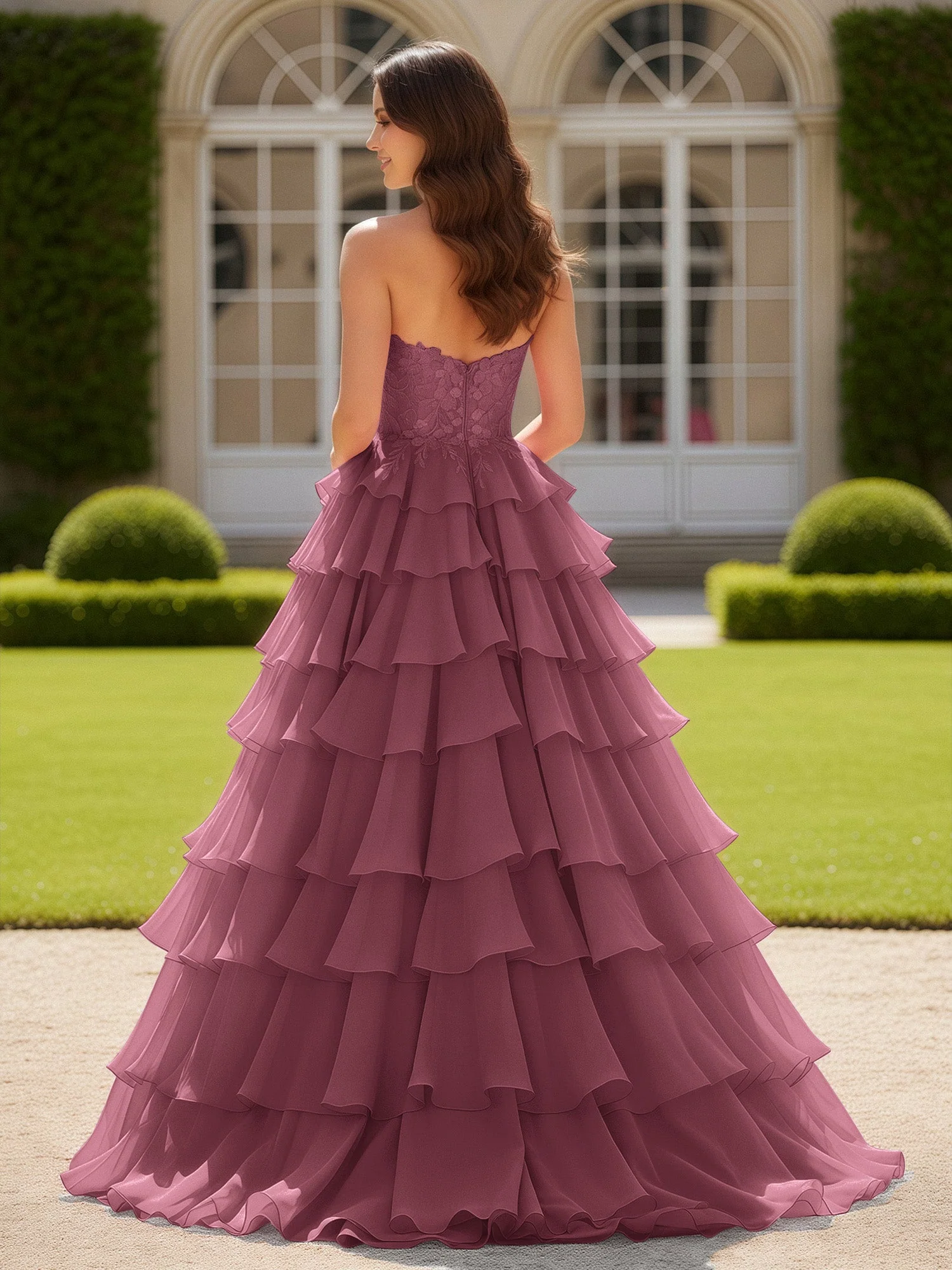 Herzform Applique Korsett Stufen Chiffon Ballkleid Maulbeere - Image 2