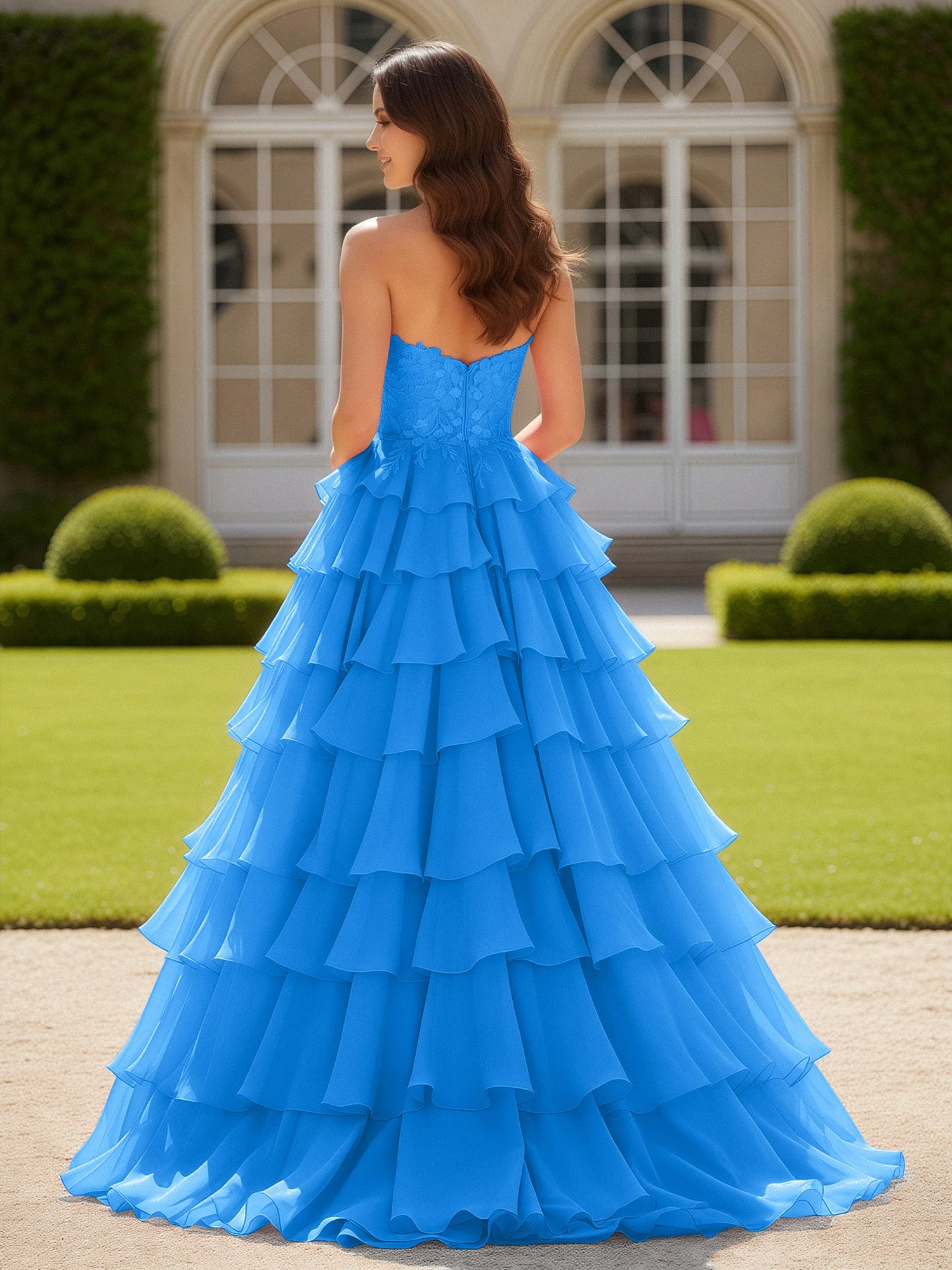 Herzform Applique Korsett Stufen Chiffon Ballkleid Meerblau - Image 2