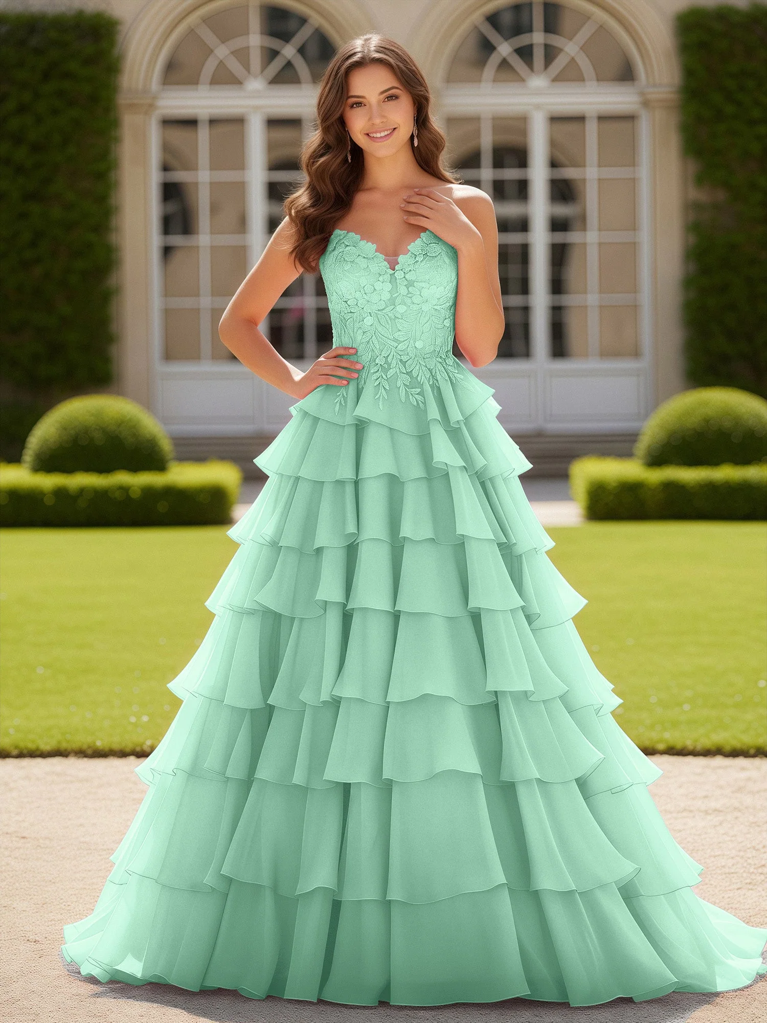 Herzform Applique Korsett Stufen Chiffon Ballkleid Minzgrün