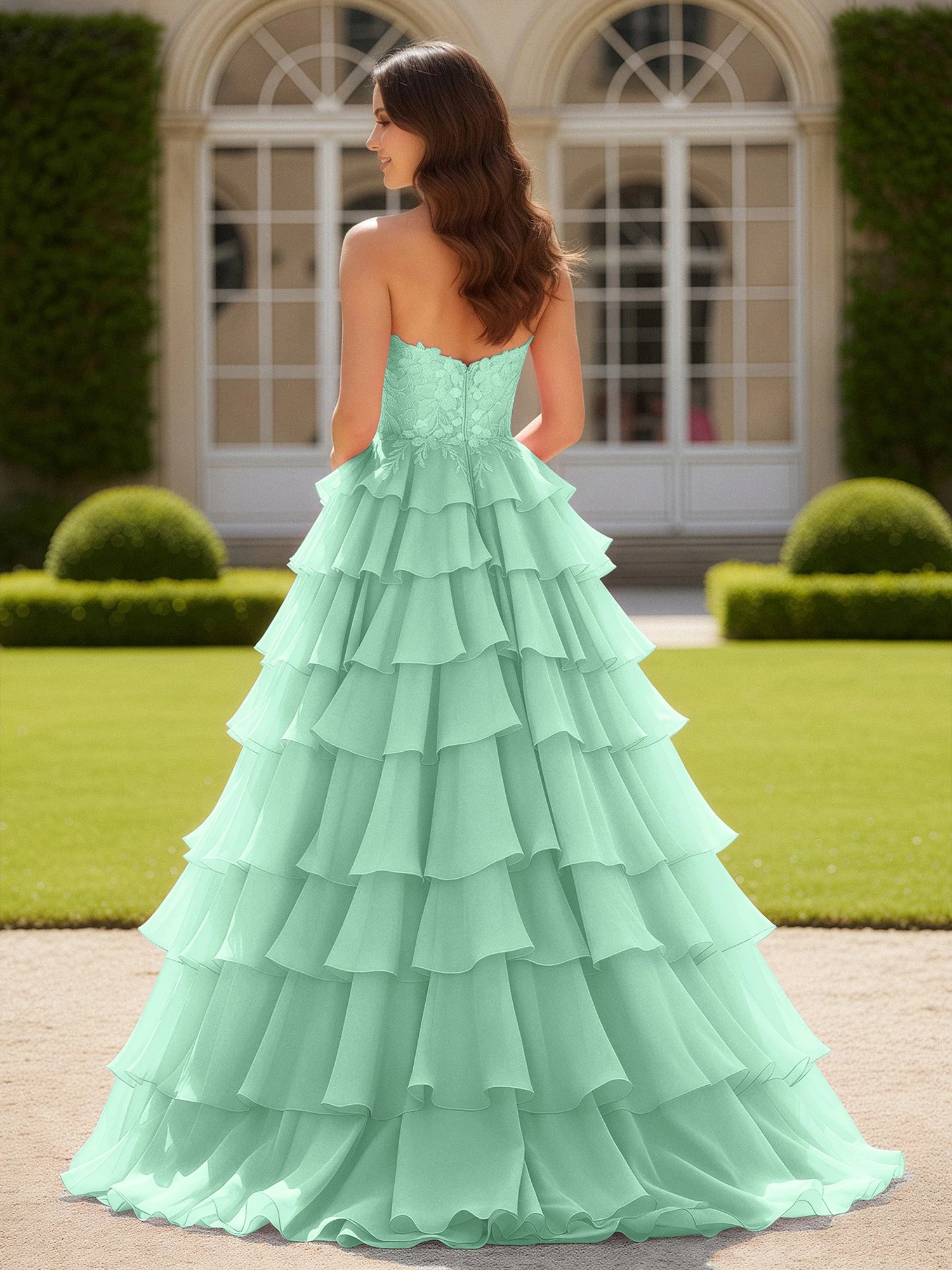 Herzform Applique Korsett Stufen Chiffon Ballkleid Minzgrün - Image 2