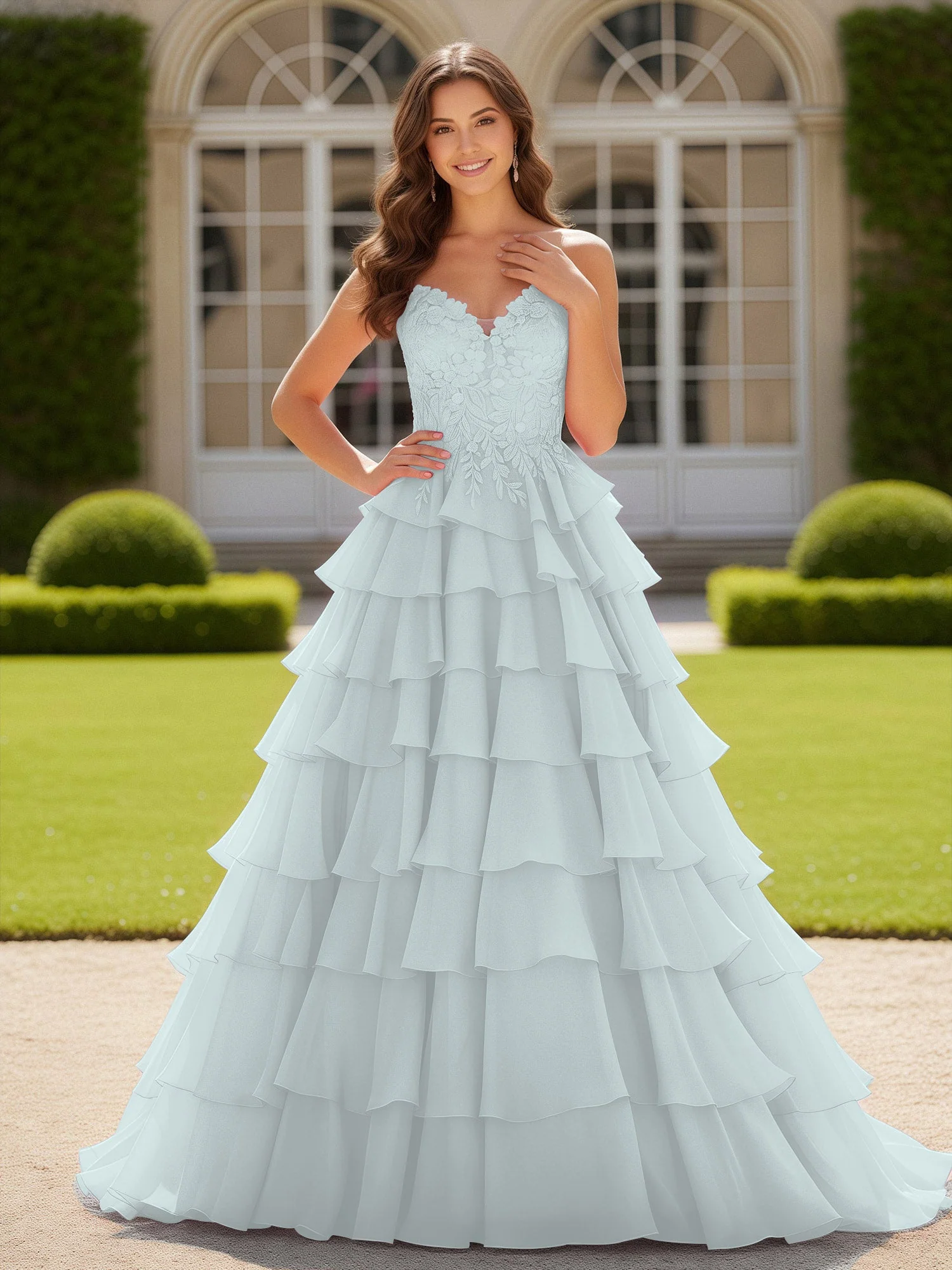 Herzform Applique Korsett Stufen Chiffon Ballkleid Nebel