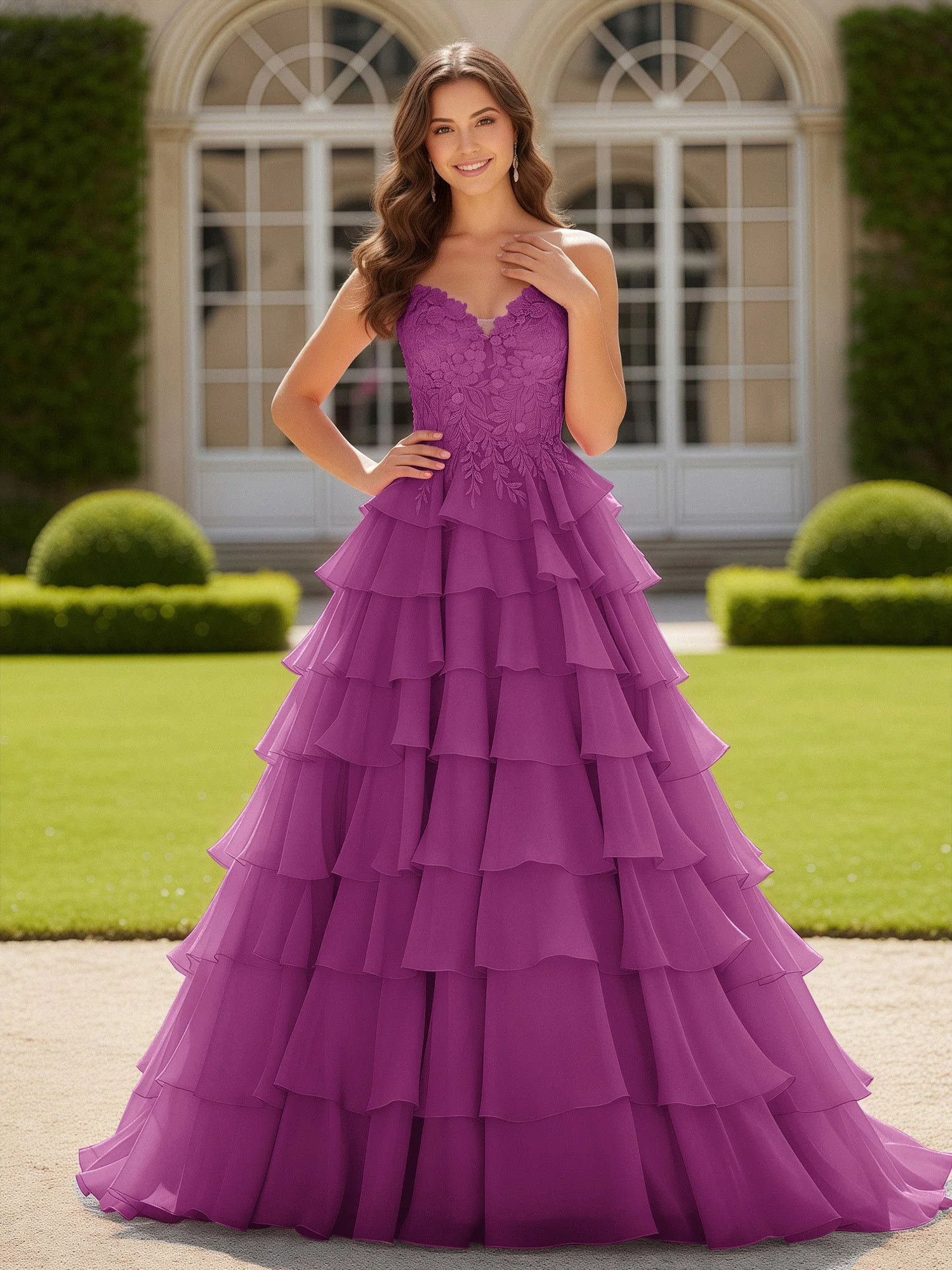 Herzform Applique Korsett Stufen Chiffon Ballkleid Orchidee
