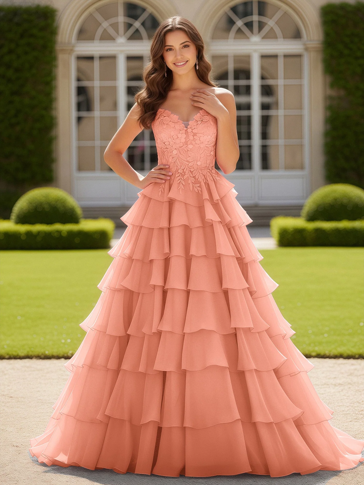 Herzform Applique Korsett Stufen Chiffon Ballkleid Papaya