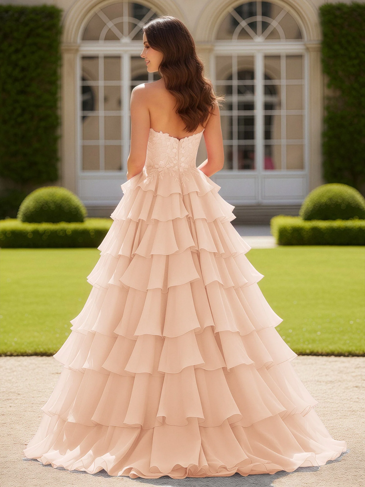 Herzform Applique Korsett Stufen Chiffon Ballkleid Perlrosa - Image 2