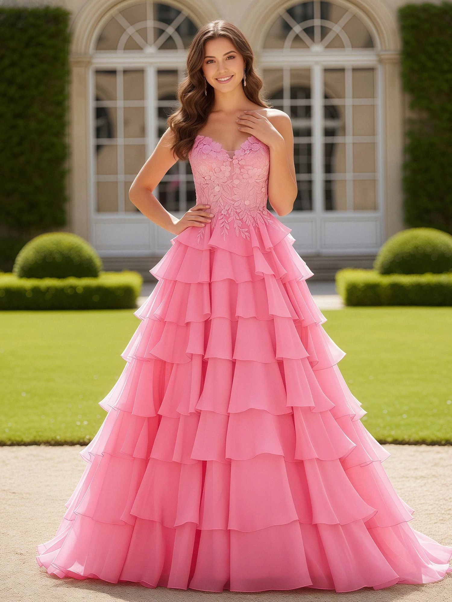Herzform Applique Korsett Stufen Chiffon Ballkleid Rosa