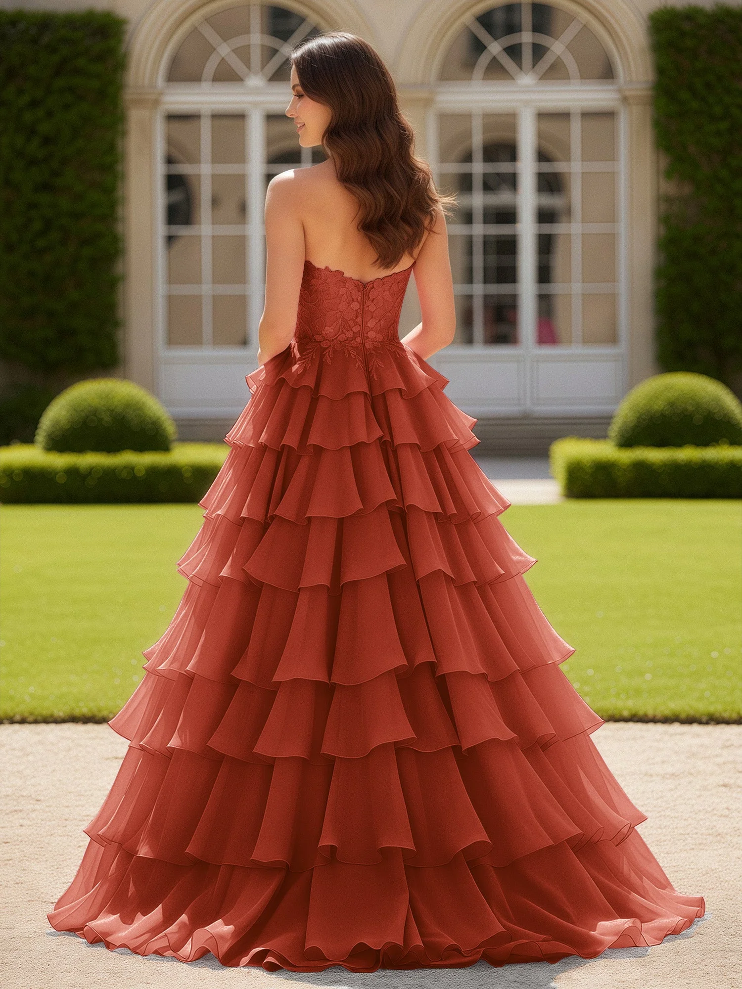 Herzform Applique Korsett Stufen Chiffon Ballkleid Rost - Image 2