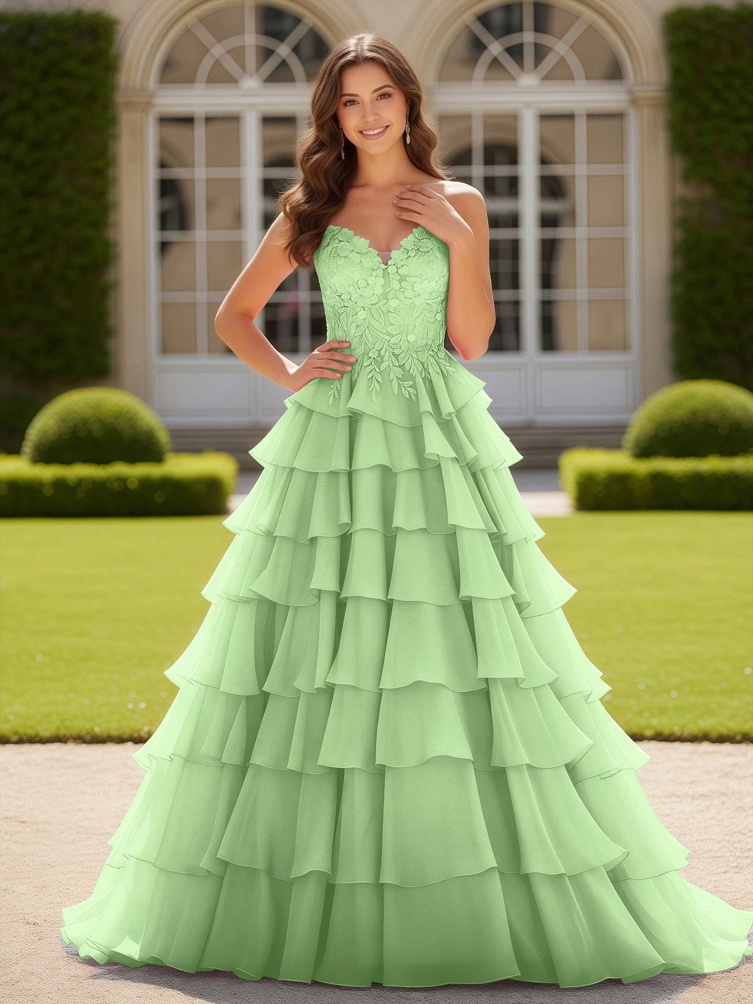 Herzform Applique Korsett Stufen Chiffon Ballkleid Salbei