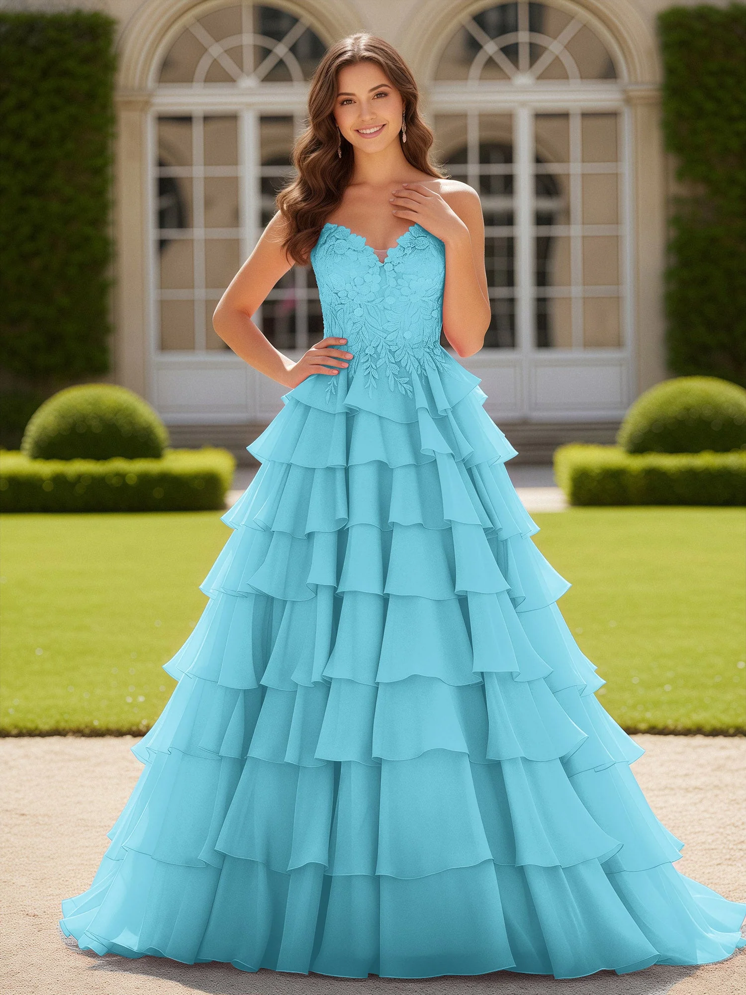 Herzform Applique Korsett Stufen Chiffon Ballkleid Schwimmbadblau