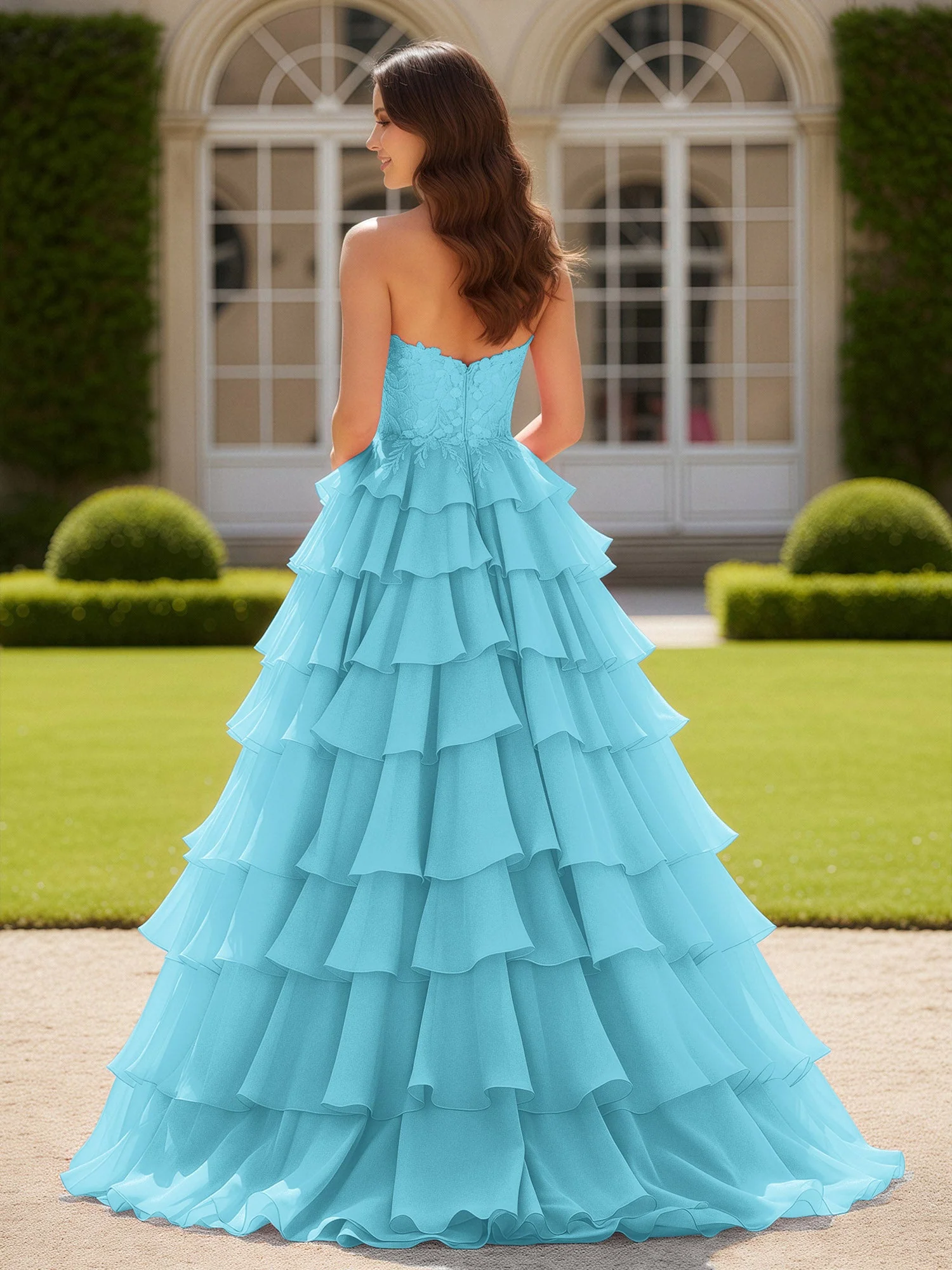 Herzform Applique Korsett Stufen Chiffon Ballkleid Schwimmbadblau - Image 2