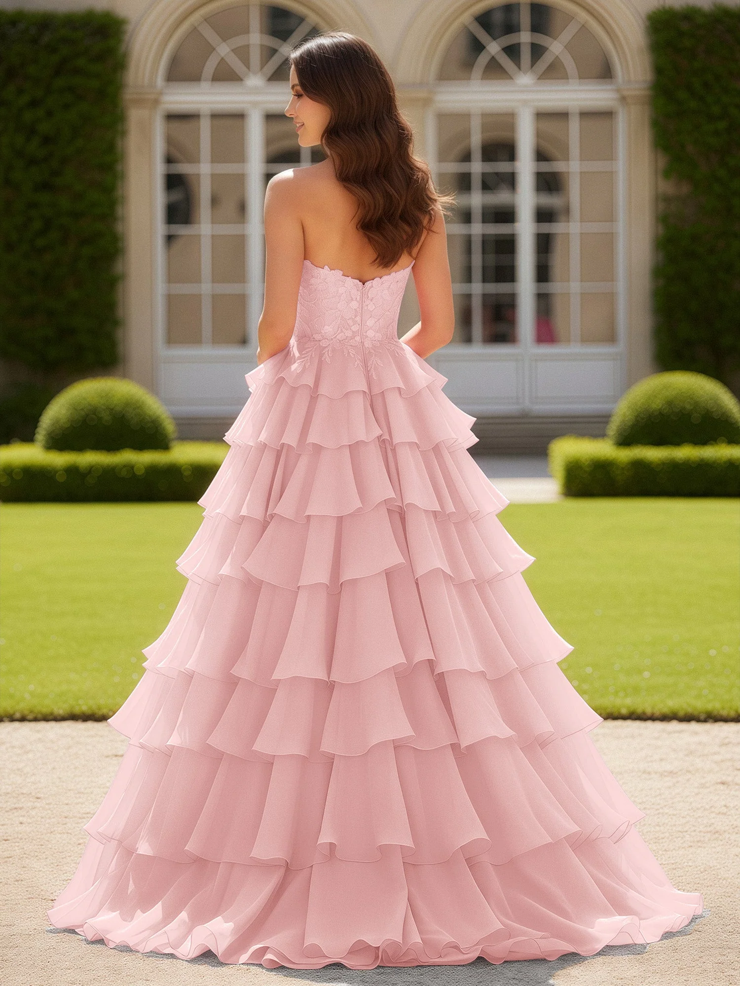 Herzform Applique Korsett Stufen Chiffon Ballkleid Staubige Rosa - Image 2