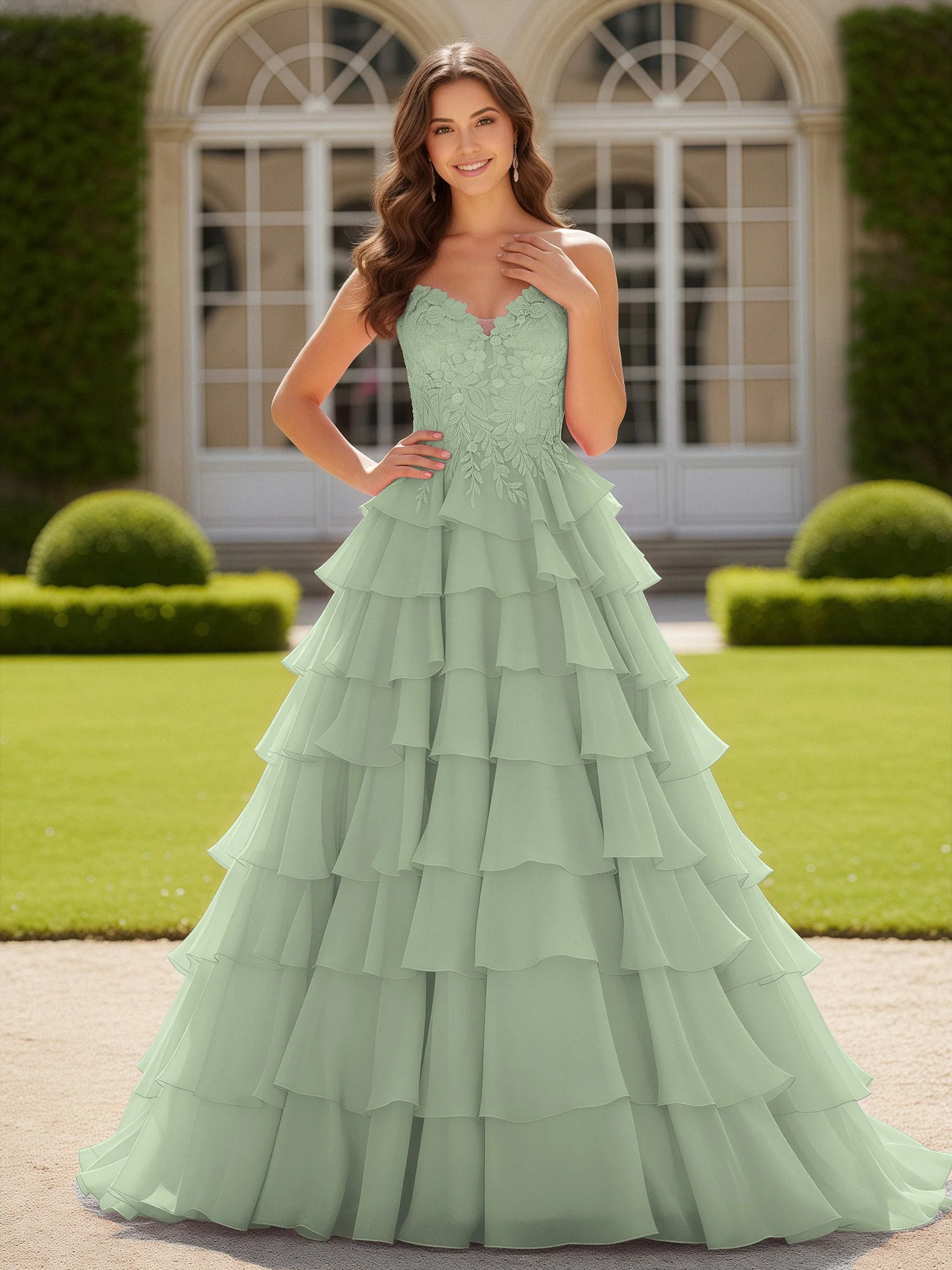 Herzform Applique Korsett Stufen Chiffon Ballkleid Staubiges Salbei