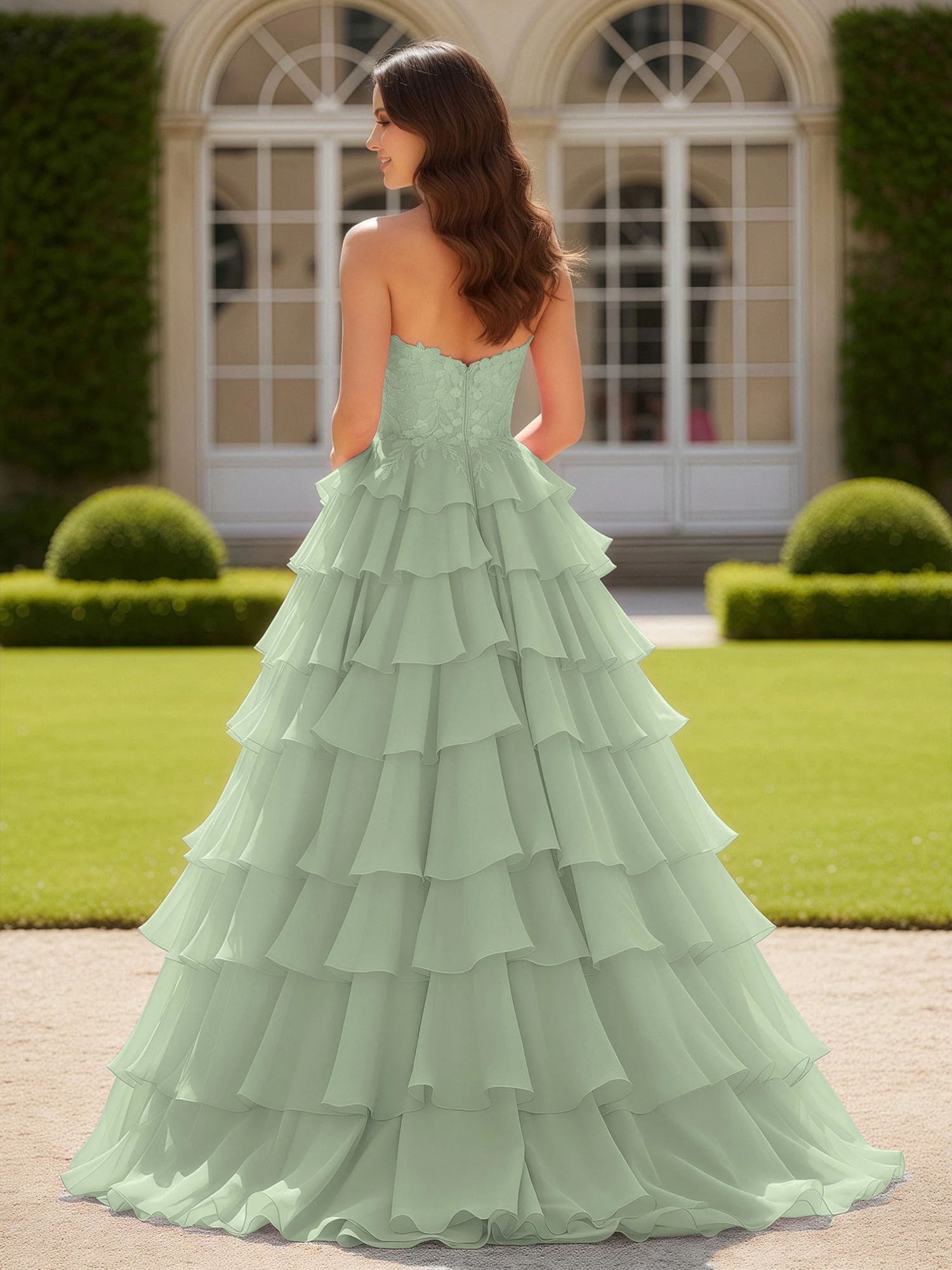 Herzform Applique Korsett Stufen Chiffon Ballkleid Staubiges Salbei - Image 2