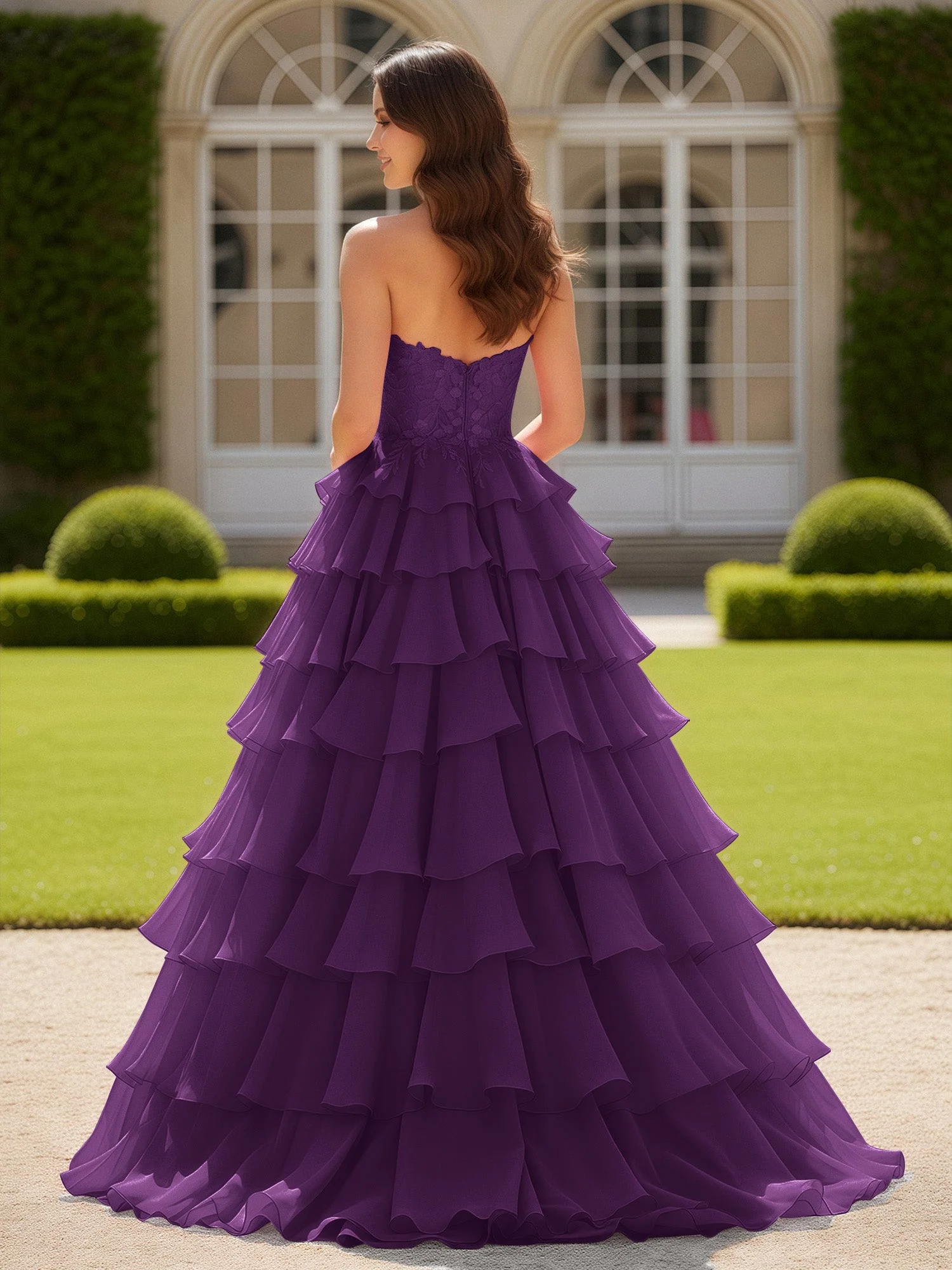 Herzform Applique Korsett Stufen Chiffon Ballkleid Traube - Image 2