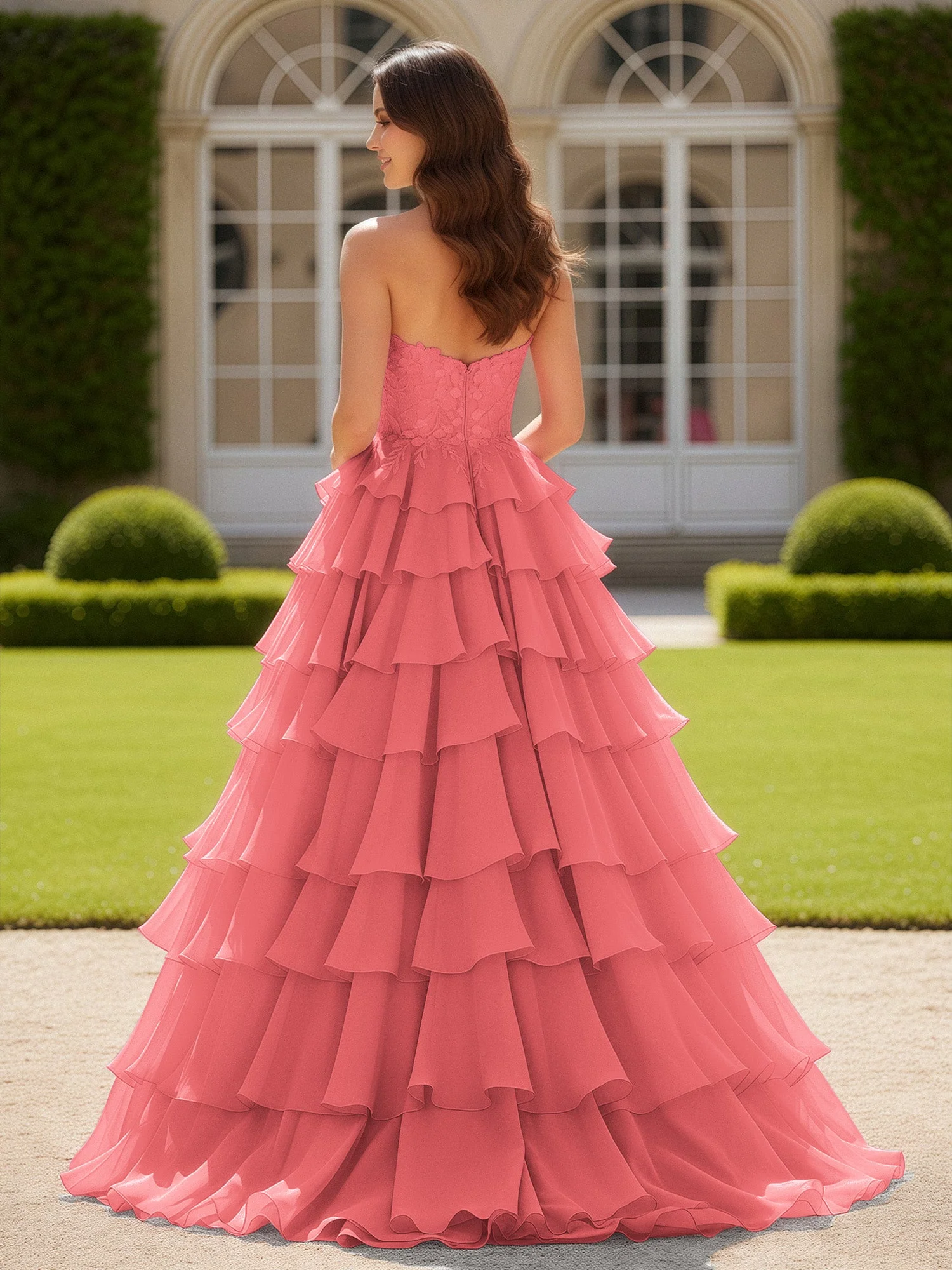Herzform Applique Korsett Stufen Chiffon Ballkleid Wassermelone - Image 2