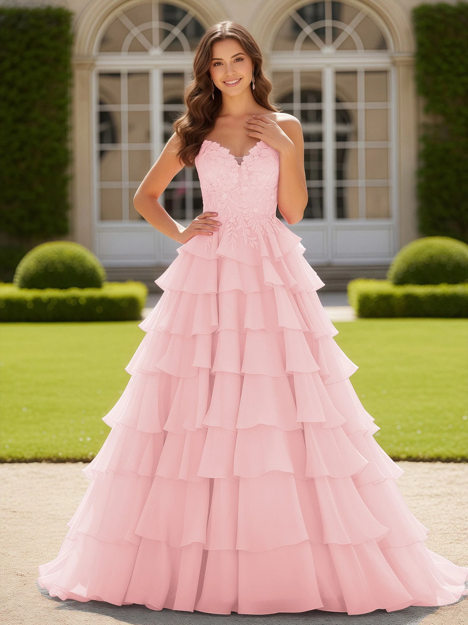 Herzform Applique Korsett Stufen Chiffon Ballkleid Zartrosa