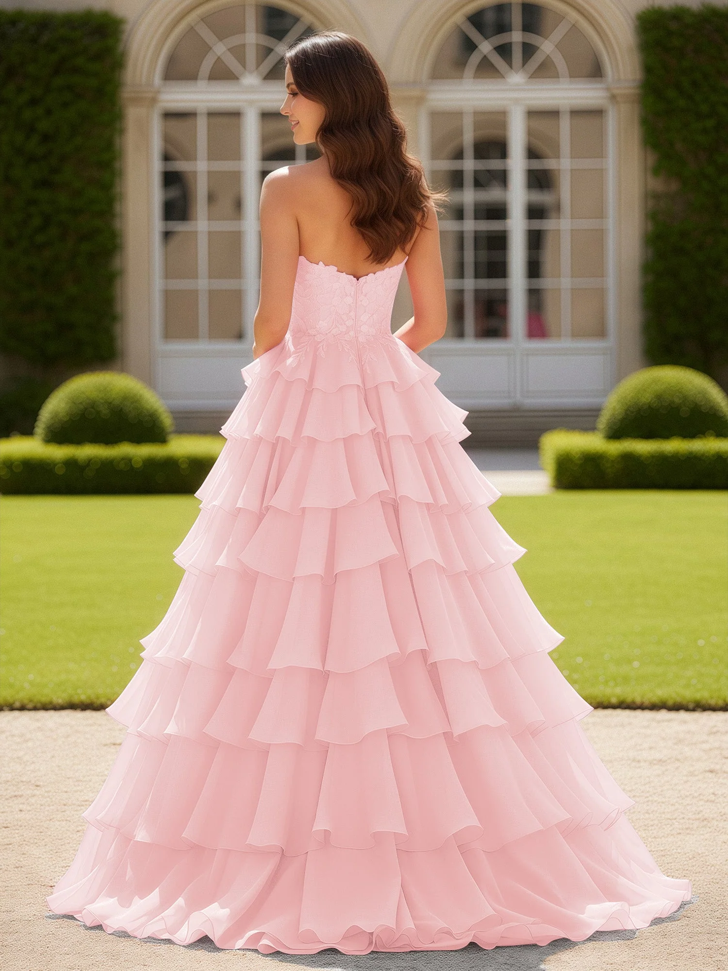 Herzform Applique Korsett Stufen Chiffon Ballkleid Zartrosa - Image 2