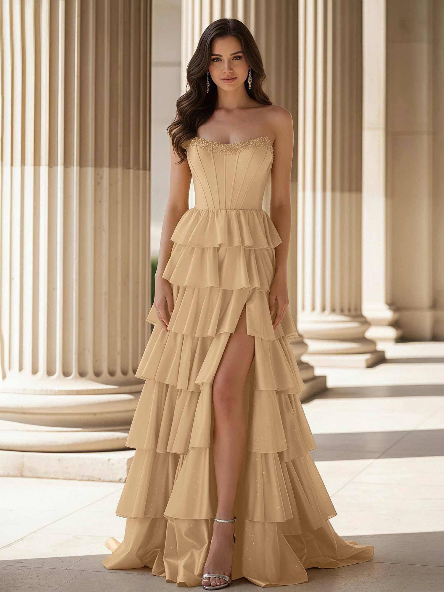 A-Linie Ärmellos Herzform Kleid mit Rüschen Champagner