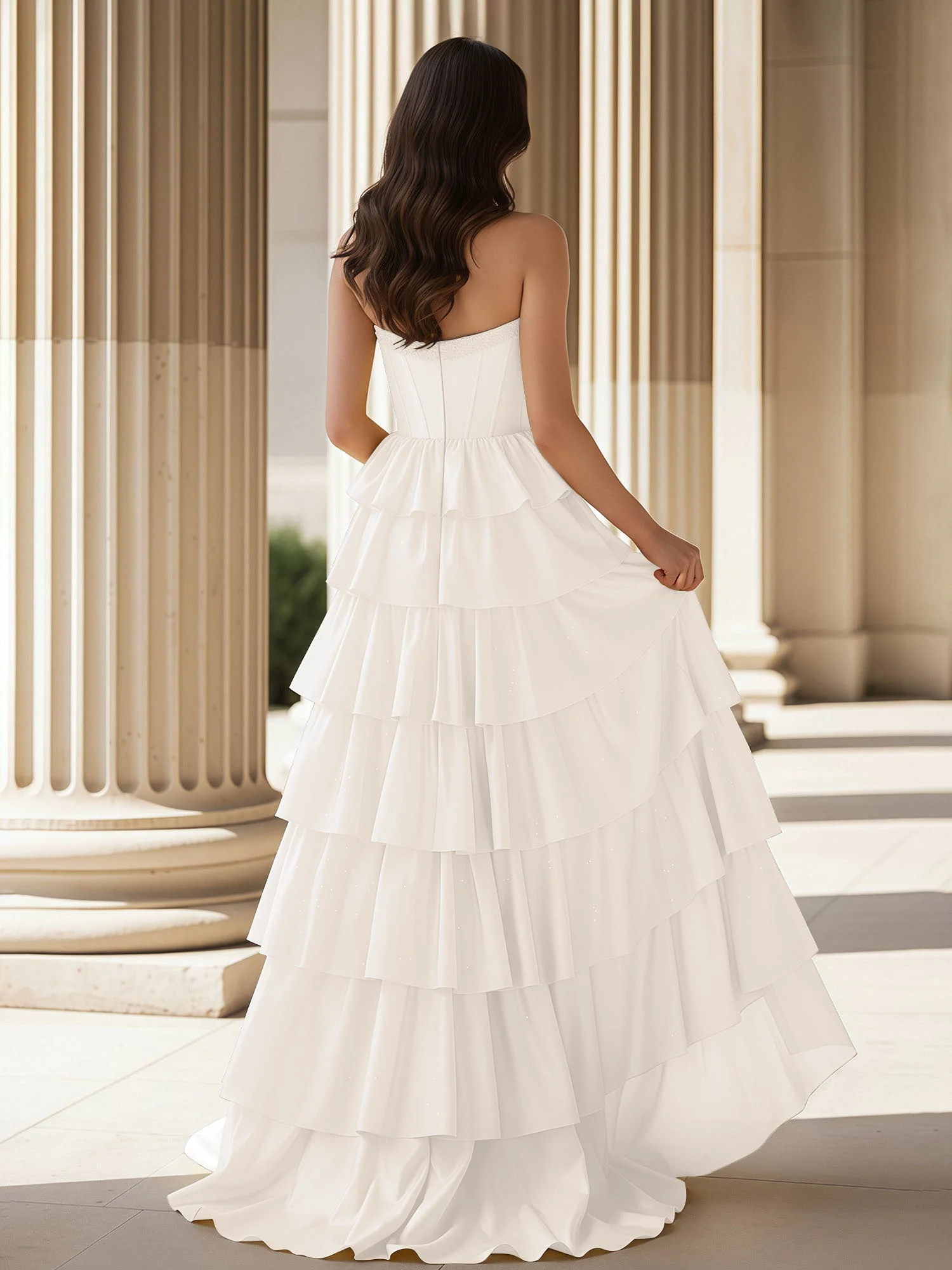 A-Linie Ärmellos Herzform Kleid mit Rüschen Elfenbein - Image 2