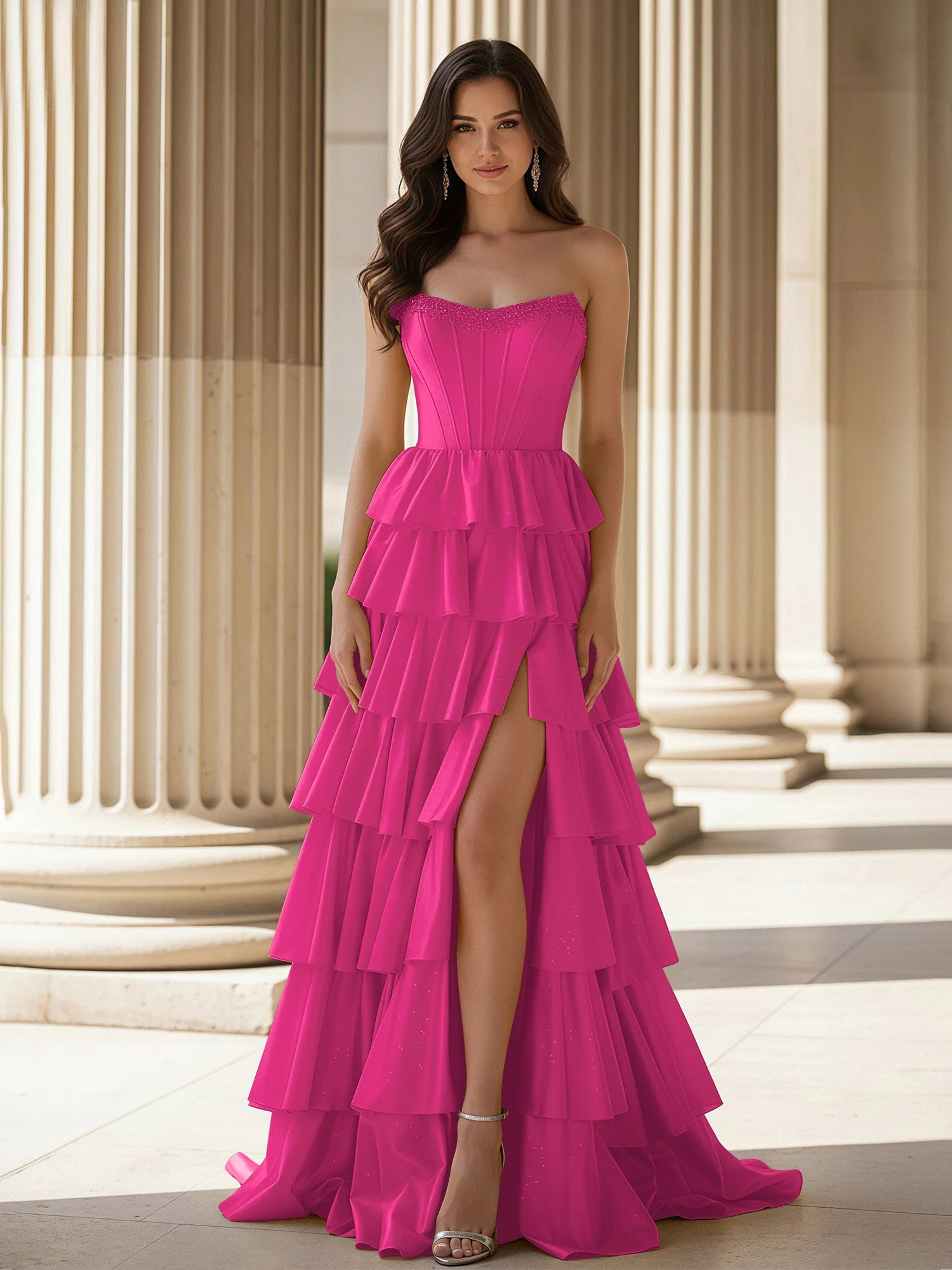 A-Linie Ärmellos Herzform Kleid mit Rüschen Fuchsia